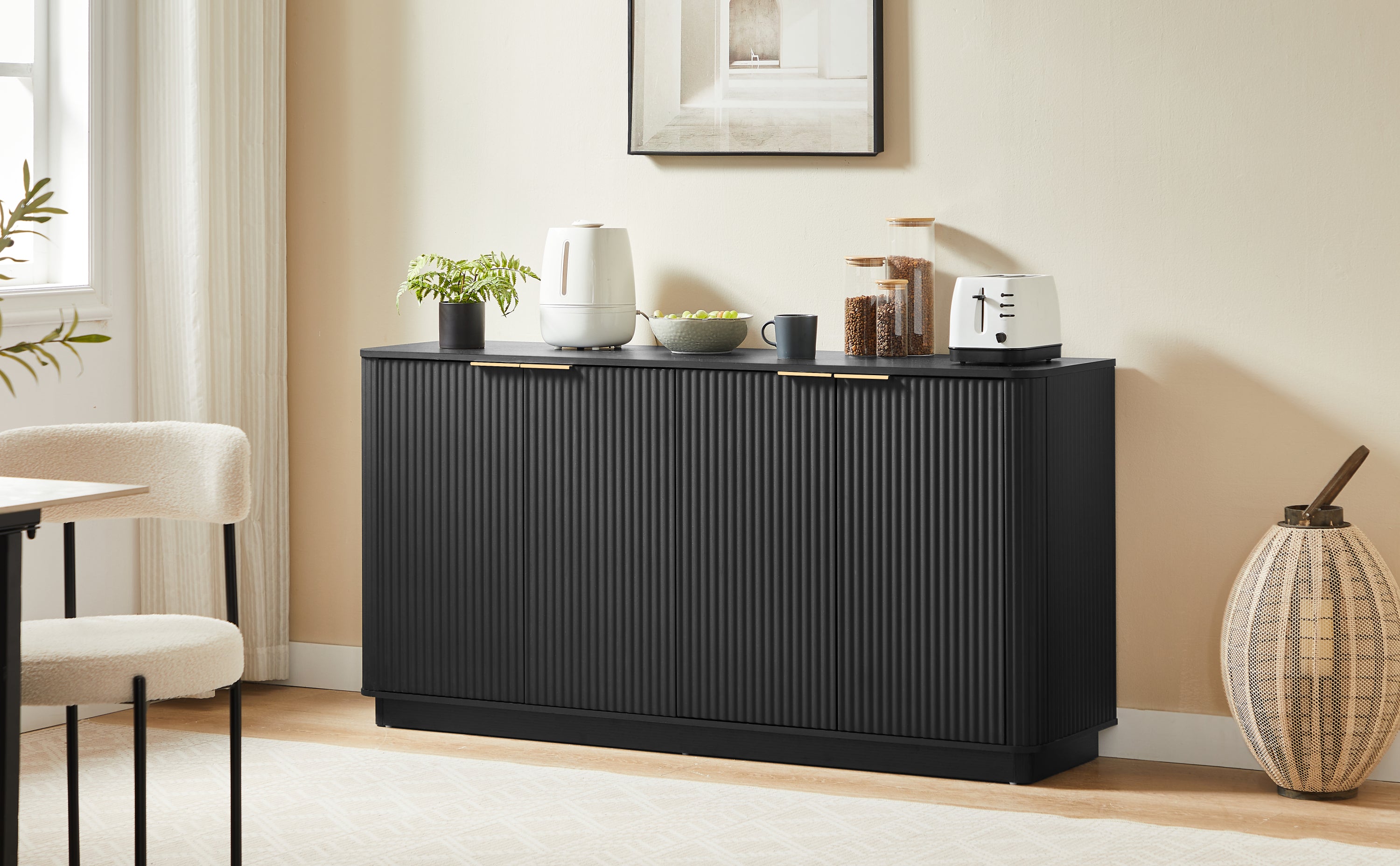 63' Vertical Stripe Buffet Cabinet Sideboard with stoarge, Curved wave Design, TV Stand, for Bedroom, Living Room, Hallway, Black,63''W x 15.75''D x 31.5''H. - Grand Goldman Shop