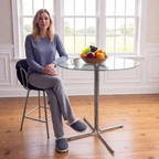 Round glass bar high table, 36 inch round bar table, tempered glass tabletop, sturdy silver chrome plated four column support, suitable for transparent round bar tables in small spaces, kitchens - Grand Goldman Shop