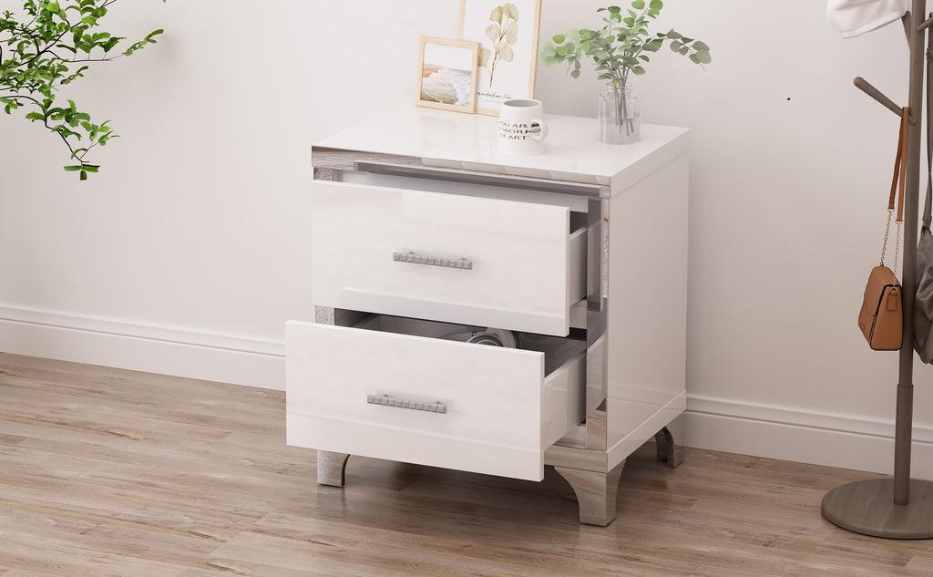 Elegant High Gloss Nightstand with Metal Handle,Mirrored Bedside Table with 2 Drawers for Bedroom,Living Room,White - Grand Goldman Shop
