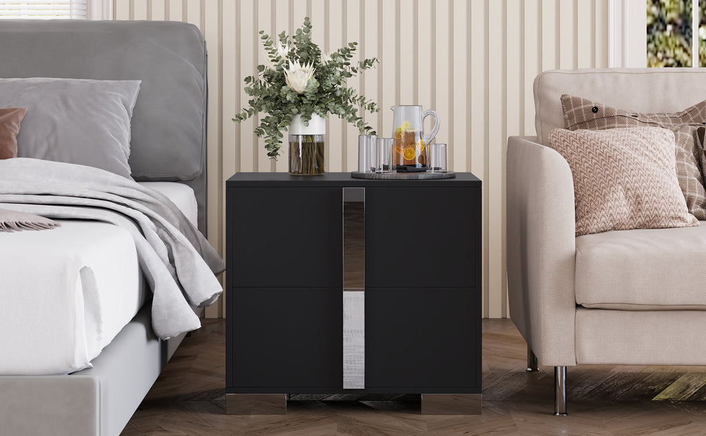 Modern End Table with Drawers, Elegant Nightstand with Metal Foot,Wood Bedside Table with Mirrored Metal Handles,Sofa Side End Table for Bedroom Living Room Office,Black - Grand Goldman Shop