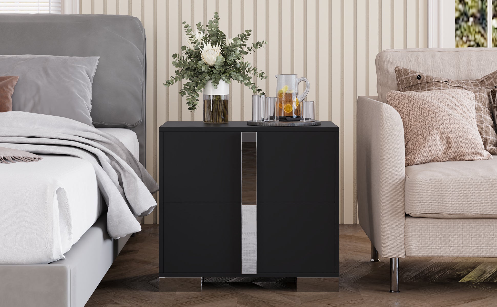 Modern End Table with Drawers, Elegant Nightstand with Metal Foot,Wood Bedside Table with Mirrored Metal Handles,Sofa Side End Table for Bedroom Living Room Office,Black - Grand Goldman Shop