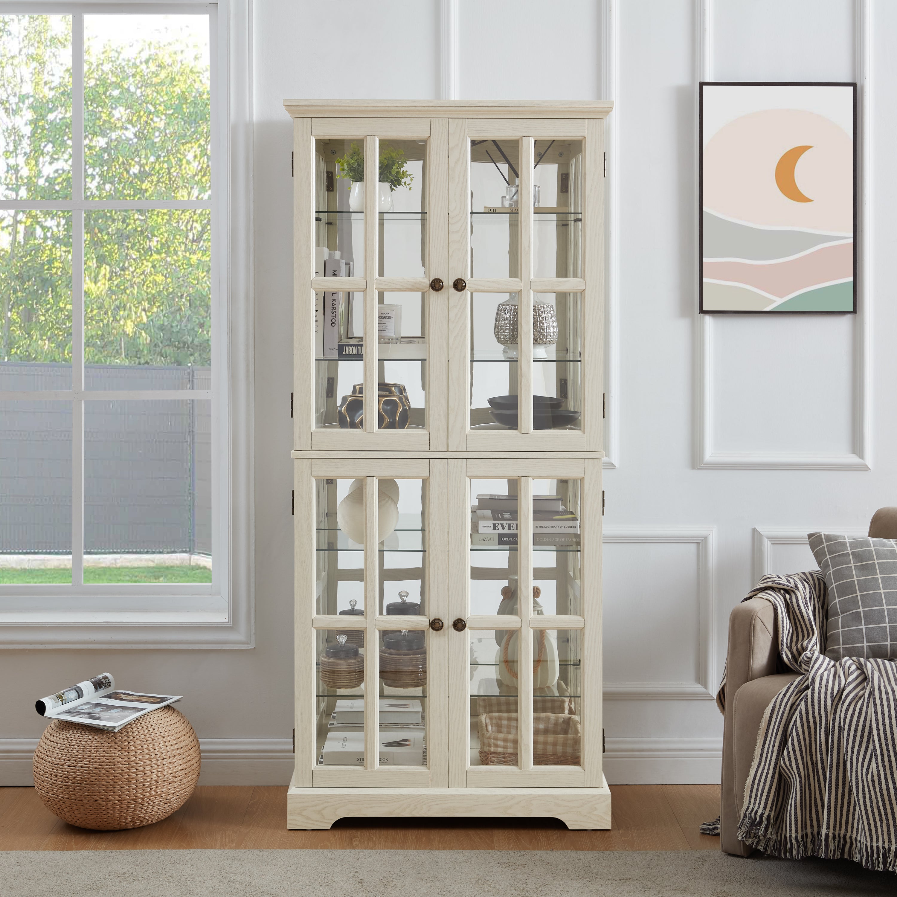 Curio Display Cabinet,Antique Display Cabinet with Glass Doors Adjustable Shelves for Collectibles Four Door Design Vintage Showcase for Home or Office Antique Display Case E26 Bulb Included  WHI - Grand Goldman Shop
