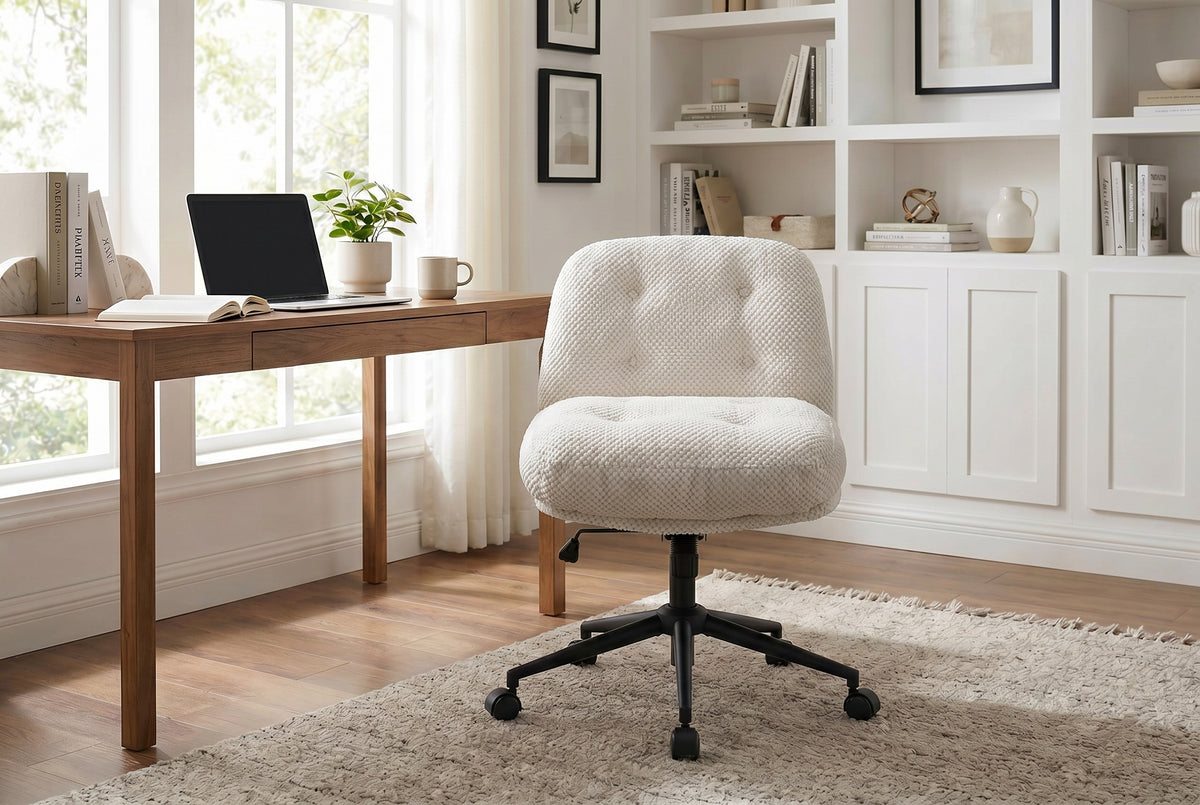 Cross Legged Office Chair No Arms, Adjustable Swivel Wider & Thickened, Ergonomic Desk Chair for Home Office, Vanity,White | 