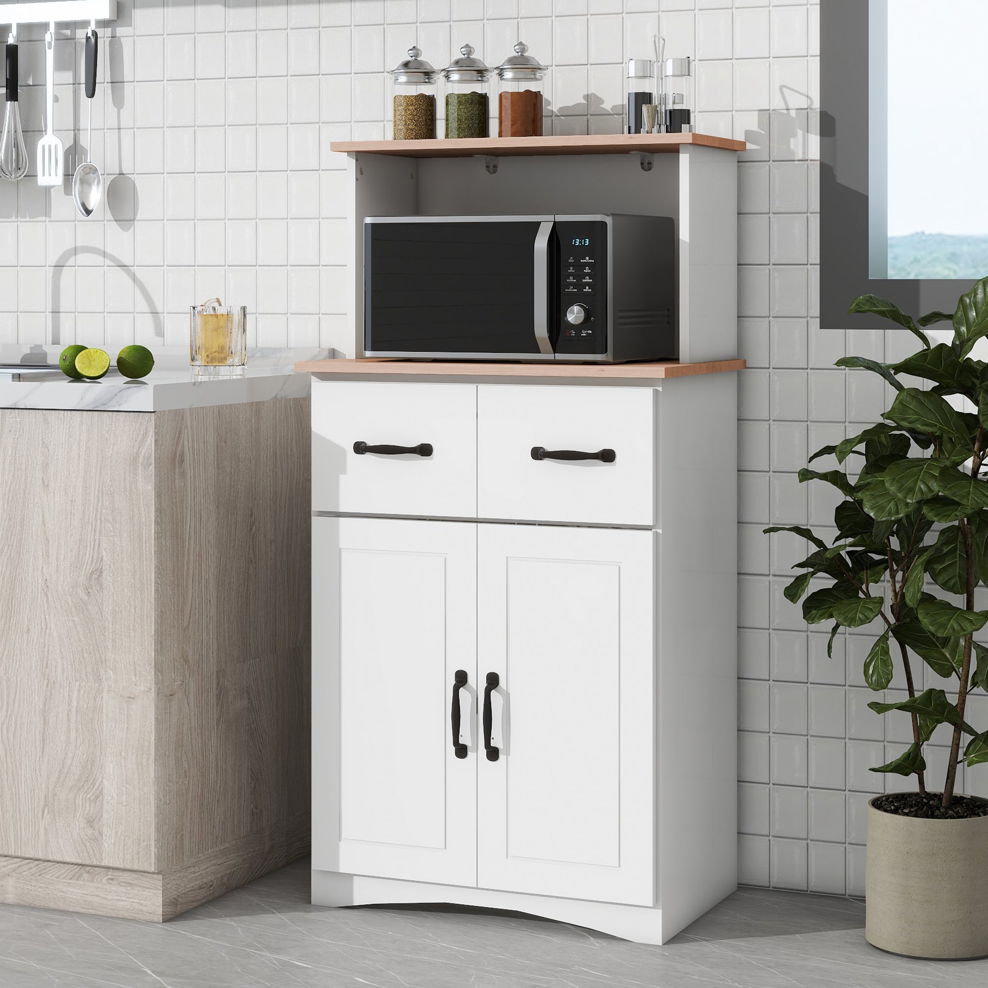 Wooden Kitchen Cabinet White Pantry Storage Microwave Cabinet with Storage Drawer - Grand Goldman Shop