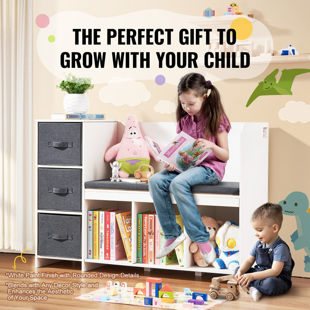 Kids Reading Nook Bench, Toddler Bookshelf and Bookcase with Detachable Seat Cushion, 6-Cubby Storage Organizer Bench with 3 
