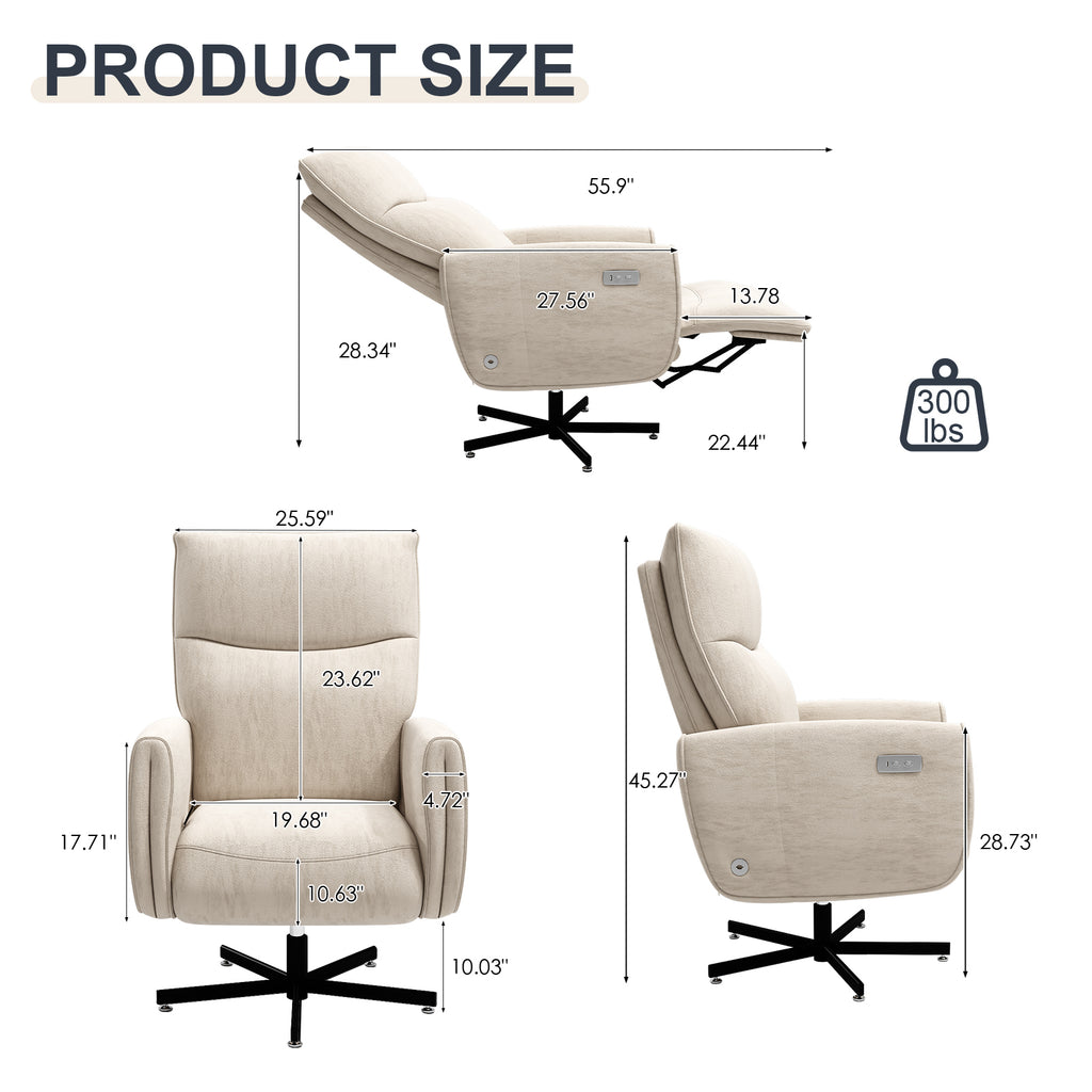 Power Swivel Recliner Chair, Electric Reclining with USB & Type-C Charging, 360° Swivel Velvet Upholstered Accent Chair, for 