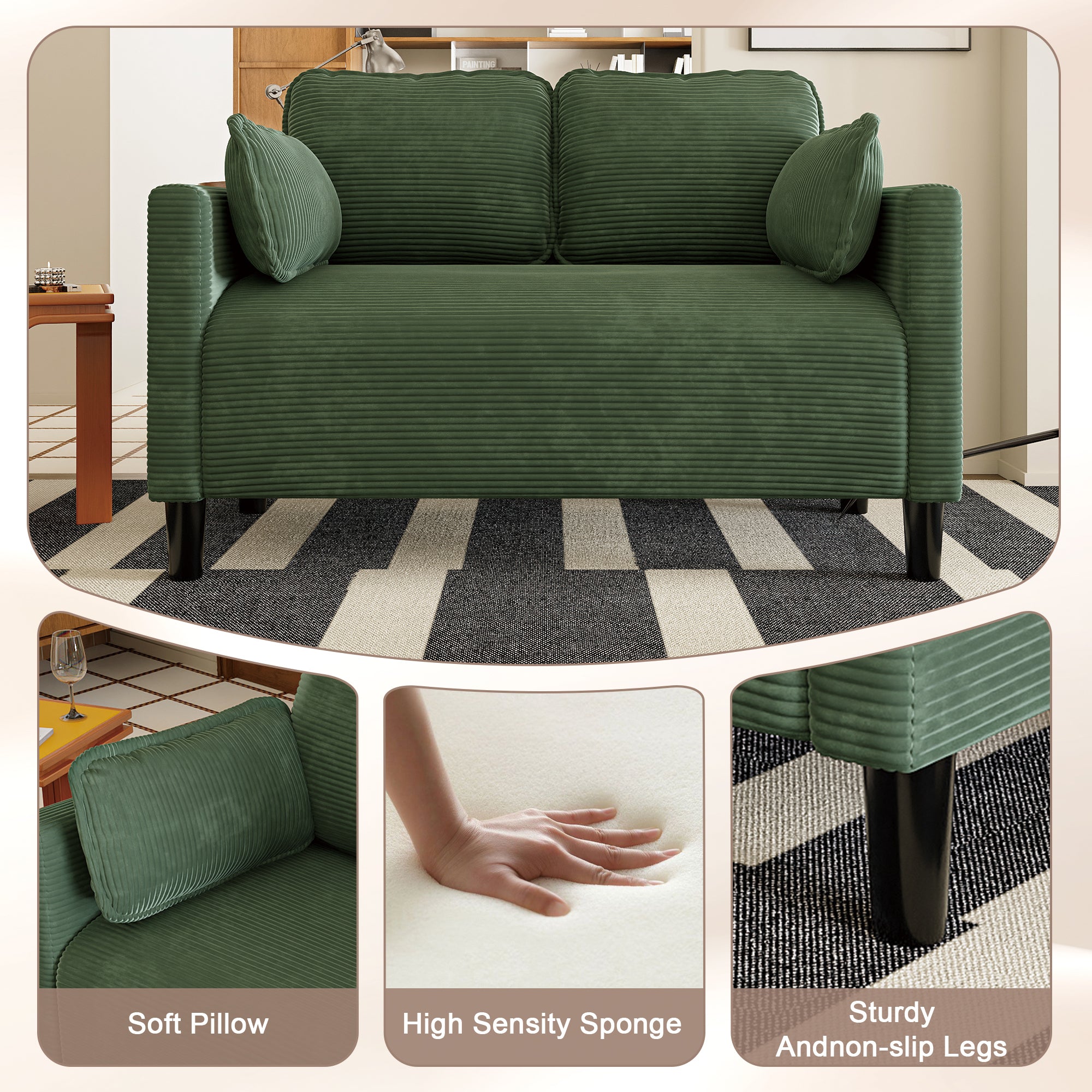 48' Soft Corduroy Loveseat Couch W/Soft Cushions,Side Storage Pocket,Sturdy Composite Board & Solid Wood Frame, High Rebound Sponge,Easy Assembly,Ideal for Living Room,Apartment,Dorm,Office. - Grand Goldman Shop