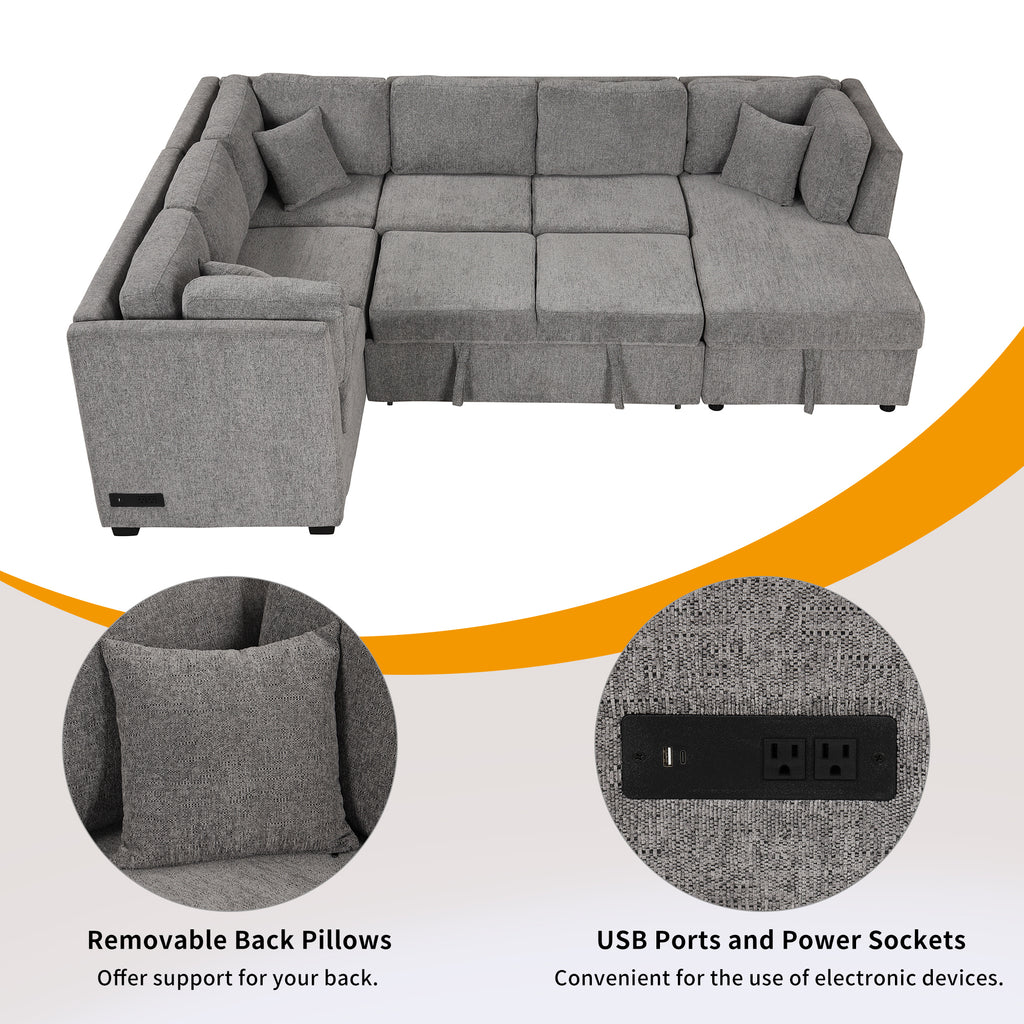 U-shaped Sectional Sofa Pull out Sofa Bed with USB Ports, Power Sockets, Storage Chaise, Light Gray Chenille, 108.6' - Grand Goldman Shop