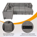 U-shaped Sectional Sofa Pull out Sofa Bed with USB Ports, Power Sockets, Storage Chaise, Light Gray Chenille, 108.6' - Grand Goldman Shop