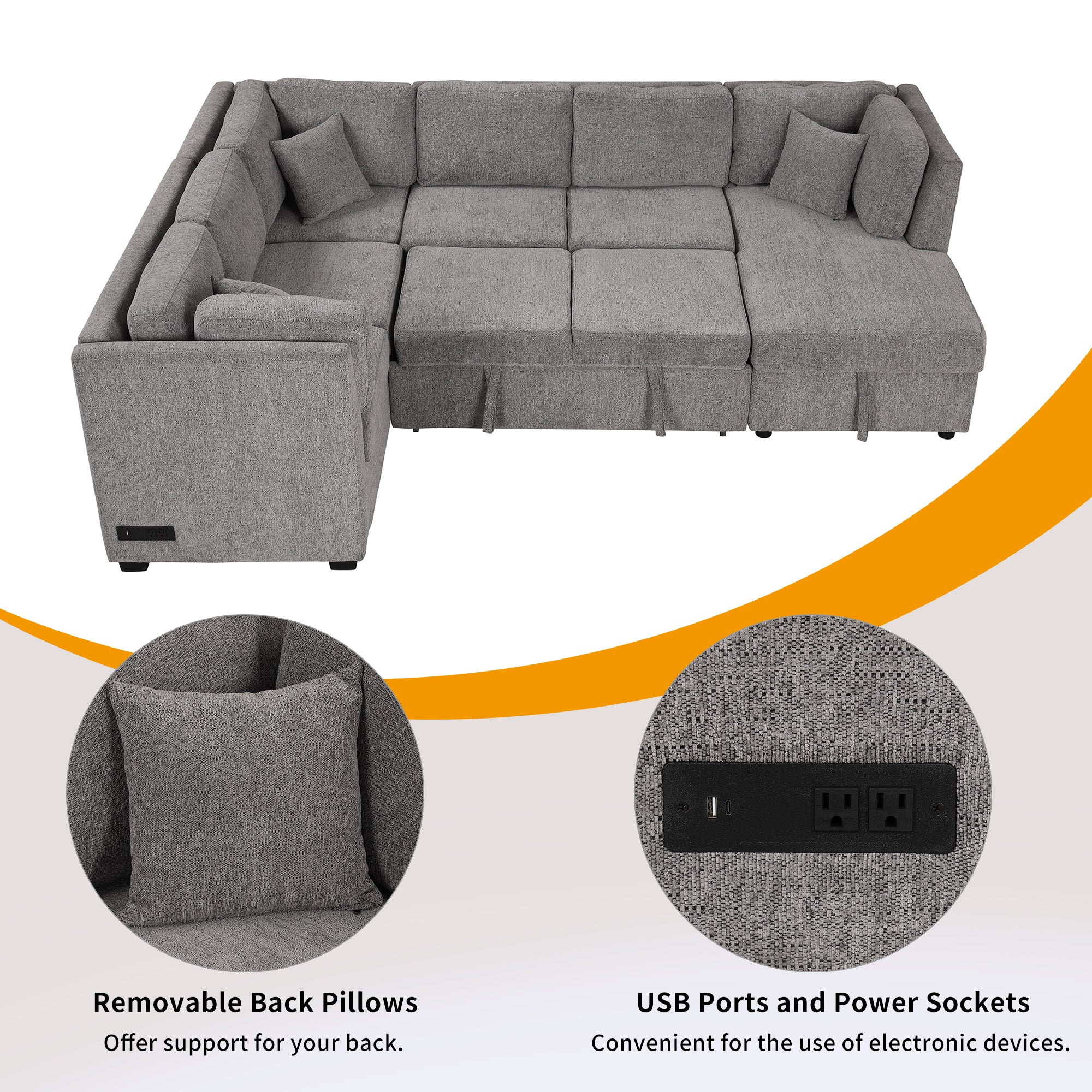 U-shaped Sectional Sofa Pull out Sofa Bed with USB Ports, Power Sockets, Storage Chaise, Light Gray Chenille, 108.6' - Grand Goldman Shop