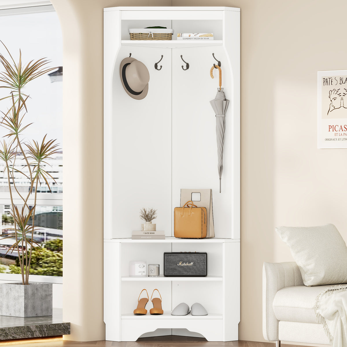 Minimalist Corner Hall Tree with Shoe Bench, Versatile Entryway Coat Rack with 4 Hooks, Corner Cabinet with Adjustable Shelf for Hallway, Living Room, White, 29.5''W*71.6''H (OLD SKU: N721P189665K) - Grand Goldman Shop