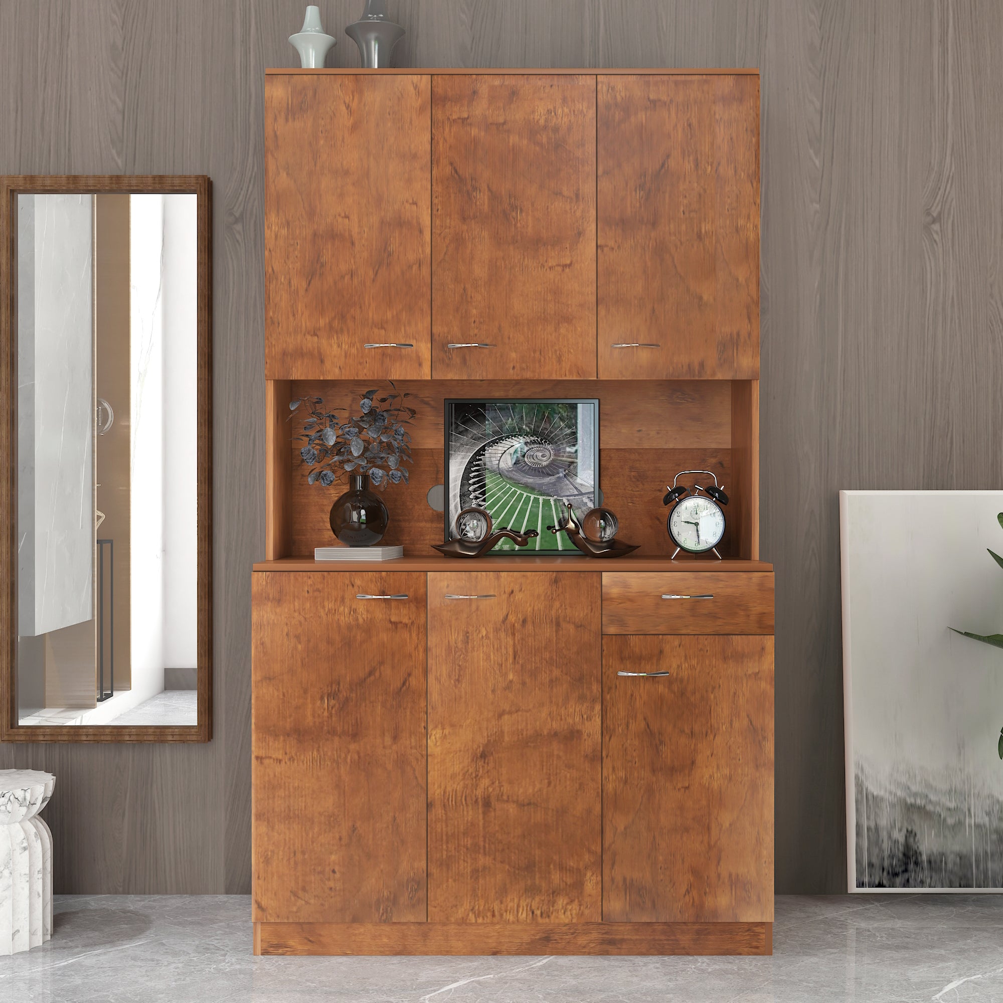 70.87' Tall Wardrobe& Kitchen Cabinet, with 6-Doors, 1-Open Shelves and 1-Drawer for bedroom,Walnut - Grand Goldman Shop
