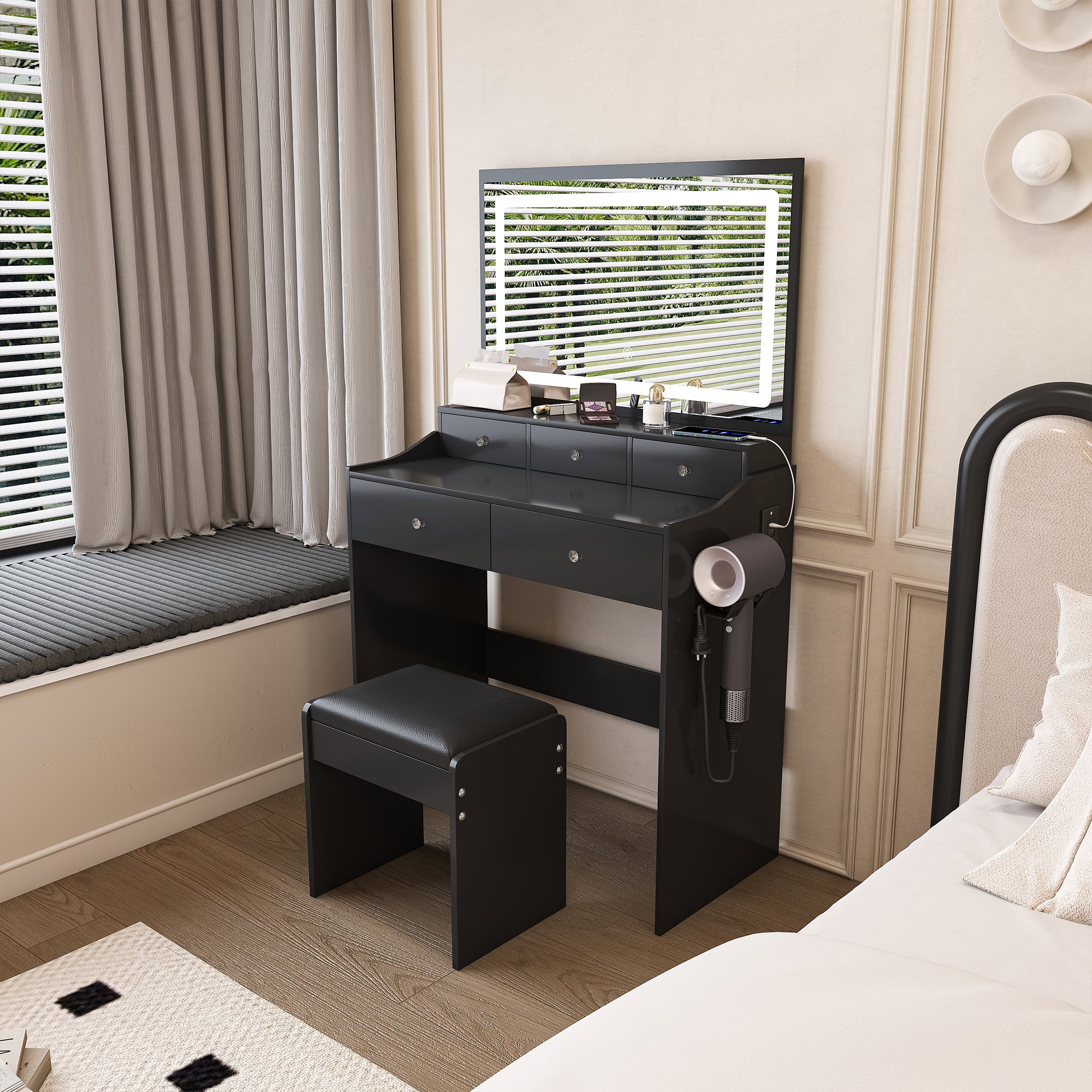 Modern Black Makeup Vanity Set with Power Outlet, Hair Dryer Holder, and Adjustable Lighting - Grand Goldman Shop