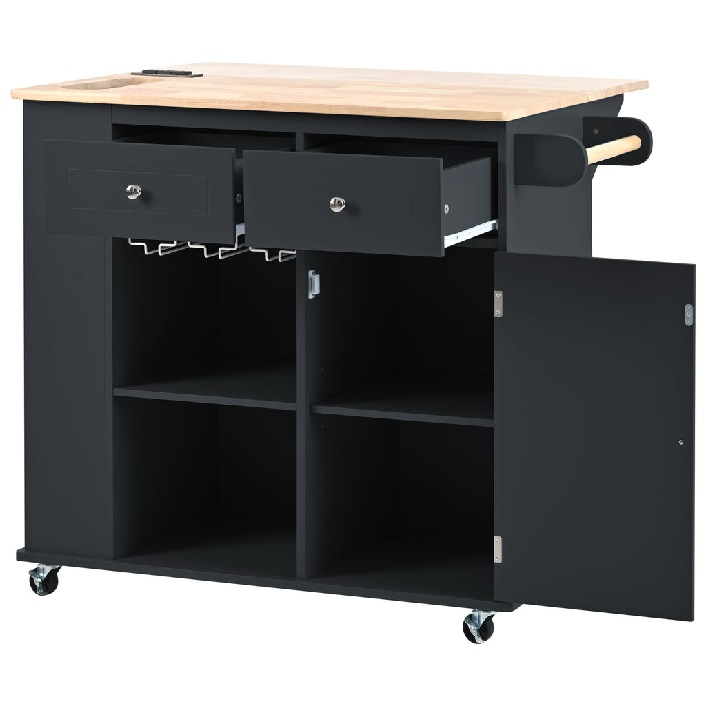 Kitchen Island with Power Outlet,Kitchen Storage Island with Drop Leaf and Rubber Wood,Open Storage and Wine Rack,5 Wheels,with Adjustable Storage for Home, Kitchen, and Dining Room, Black - Grand Goldman Shop