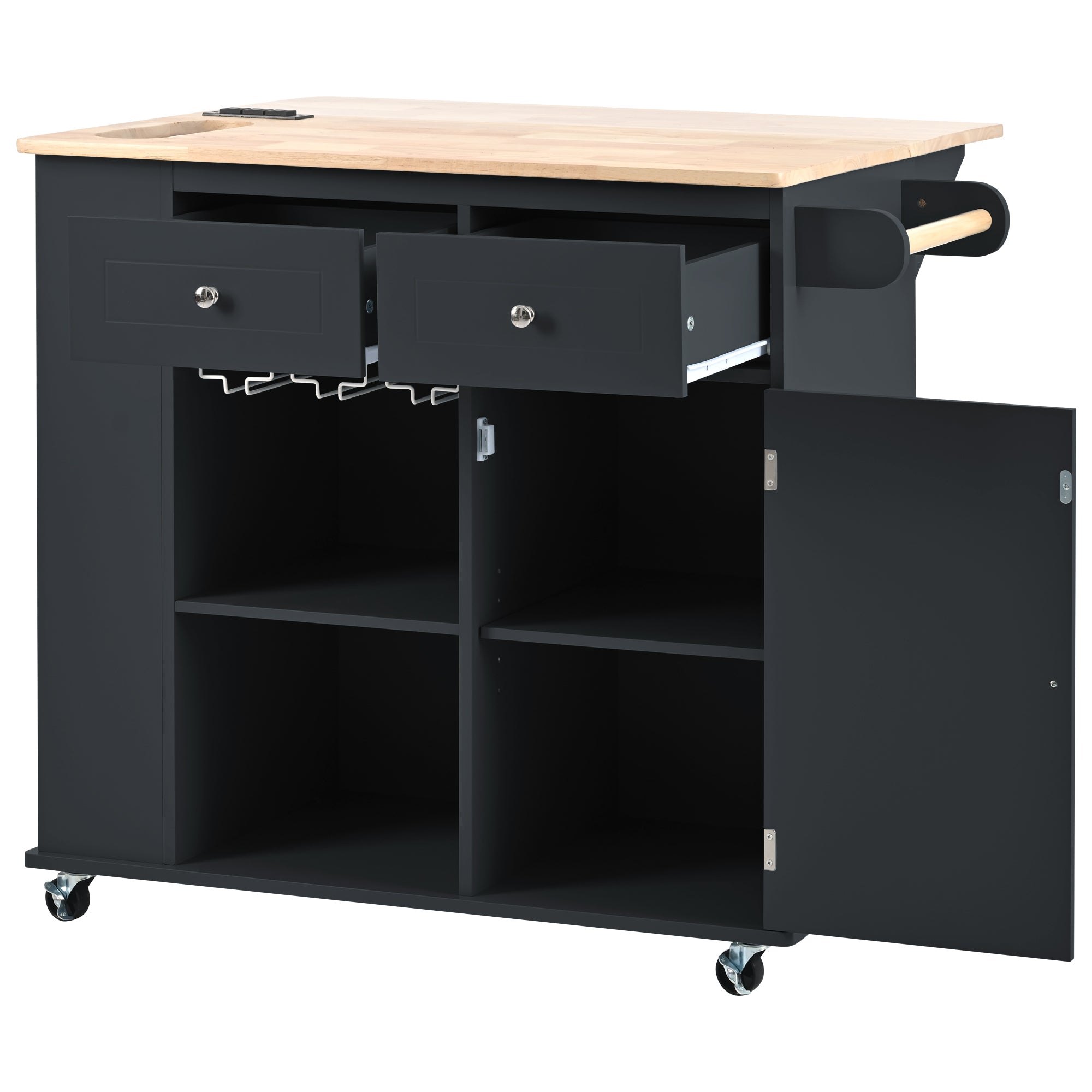 Kitchen Island with Power Outlet,Kitchen Storage Island with Drop Leaf and Rubber Wood,Open Storage and Wine Rack,5 Wheels,with Adjustable Storage for Home, Kitchen, and Dining Room, Black - Grand Goldman Shop