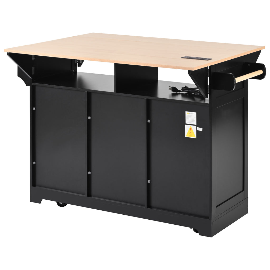 K&K 55.7'' Large Kitchen Island with 2 Drop Leaf,, Rolling Kitchen Cart on 5 Wheels with Power Outlet, Folding Storage Dining Table with Spice & Towel Rack , 3 Drawers, for Kitchen, Dining Room,Black - Grand Goldman Shop