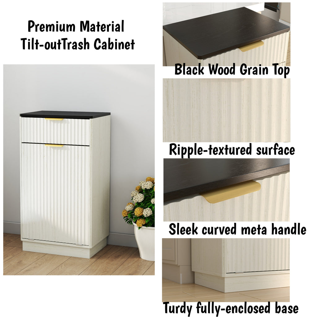 10-Gallon Woodgrain Tilt-Out Trash Can Cabinet Wooden Garbage Recycling Cabinet with Wave-Textured Hideaway Drawer&Pull-Out Bin-Multipurpose Kitchen/Bath Organizer in Antique White Finish - Grand Goldman Shop