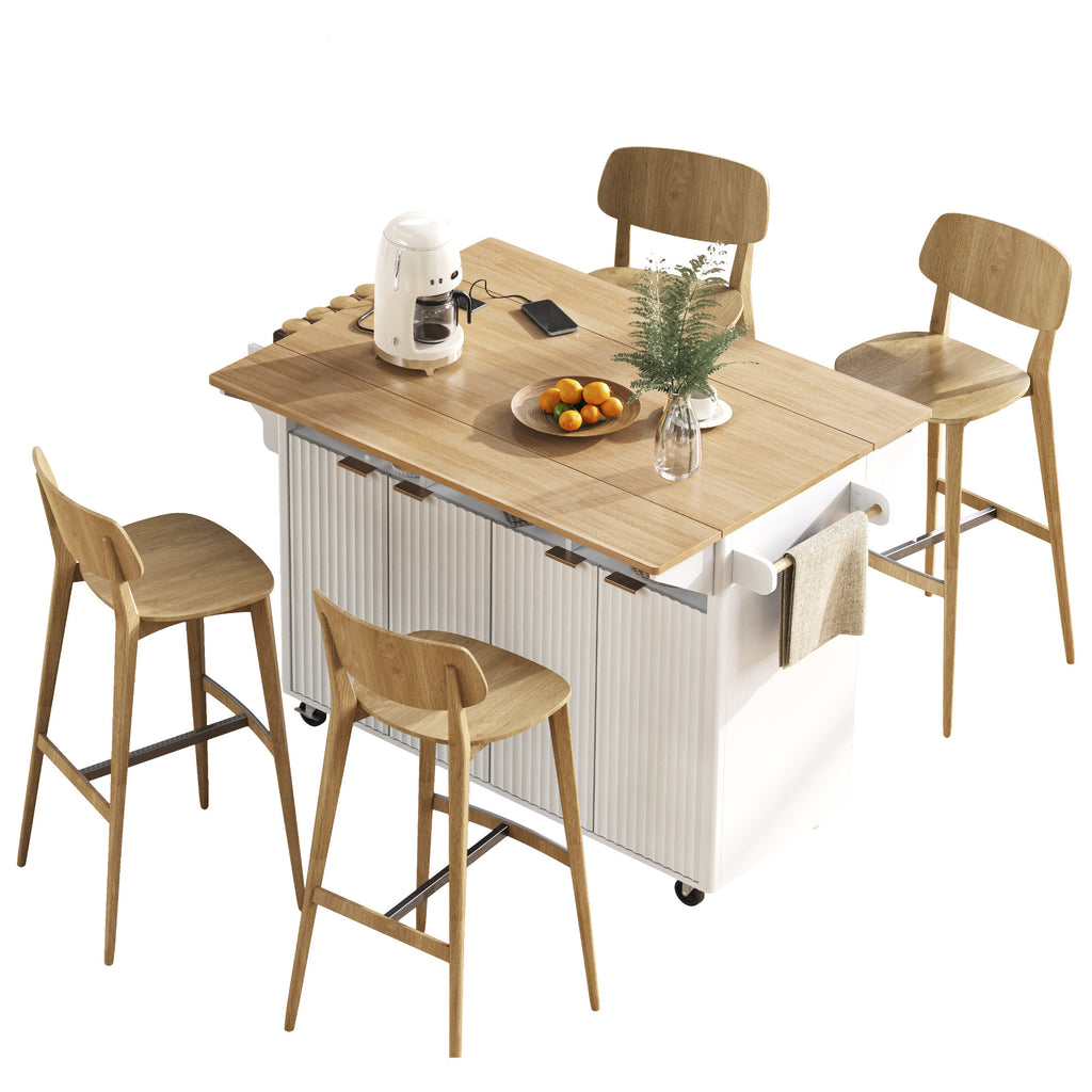 K&K 55.5' Fluted Kitchen Island with 2 Drop Leaf, Kitchen Storage Cart with Power Outlet, 4 Doors, Spice rack, Rolling Island Table with Wood-grain Top, Curved Edge for Kitchen, Dining Room,White - Grand Goldman Shop