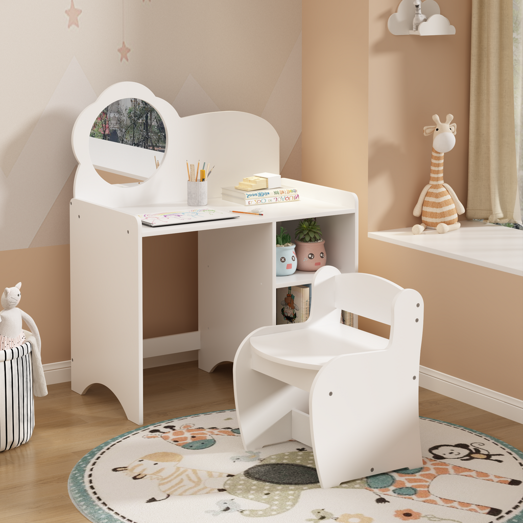 Kids Vanity Table with Mirror and Chair, Wooden Children's Dressing Makeup Desk with Storage Shelves, Study and Activity Tabl