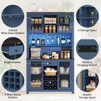 70.9' Kitchen Pantry Storage Cabinet Rustic Buffet Cabinet, Kitchen Hutch Cabinet with LED Outlets Food Pantry Cabinet with Doors and Shelves Wine Rack for Dining Room, Navy Blue - Grand Goldman Shop