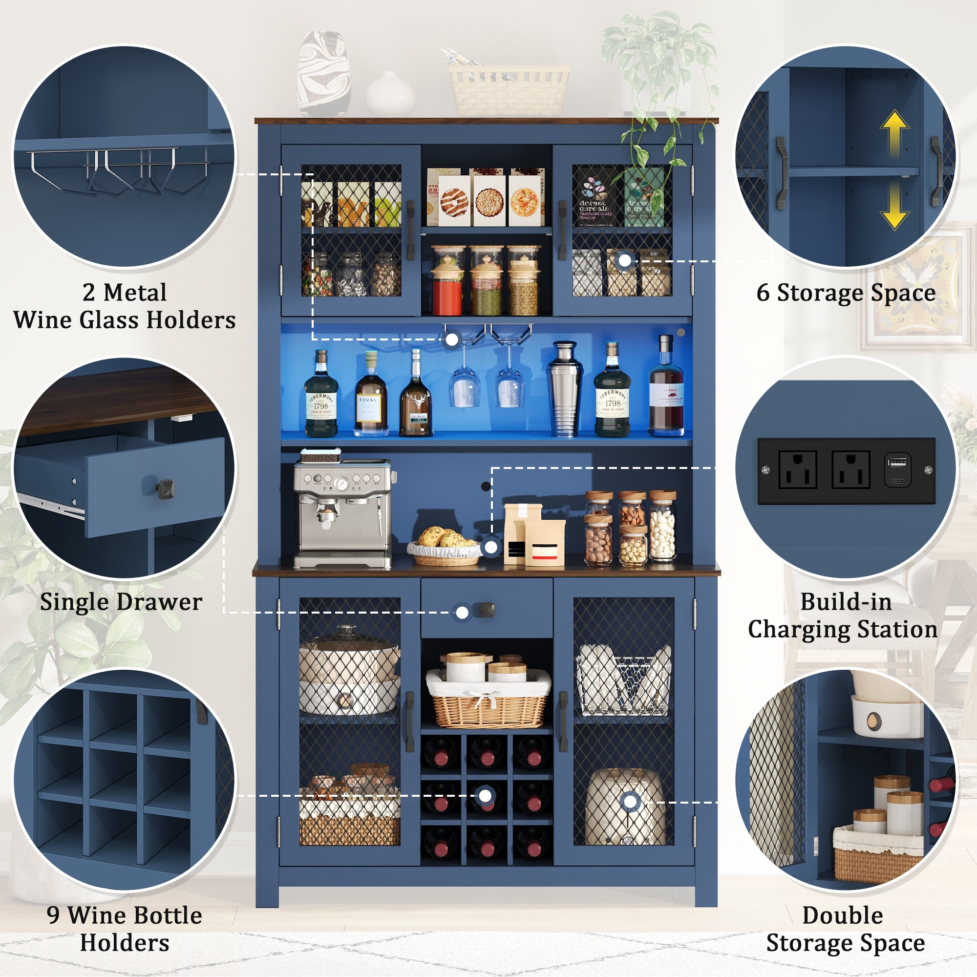 70.9' Kitchen Pantry Storage Cabinet Rustic Buffet Cabinet, Kitchen Hutch Cabinet with LED Outlets Food Pantry Cabinet with Doors and Shelves Wine Rack for Dining Room, Navy Blue - Grand Goldman Shop