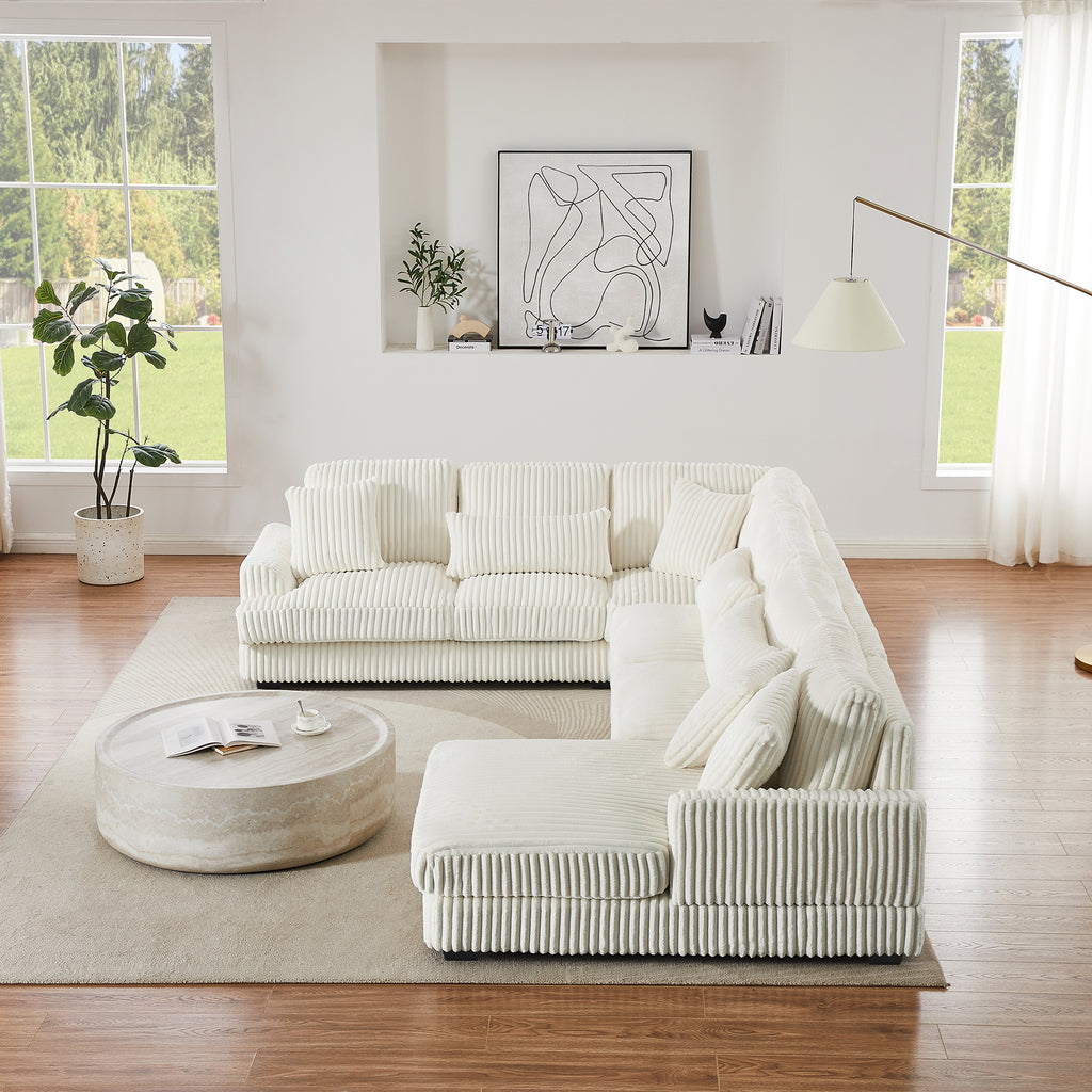 Modern Oversized U-shaped Sectional Sofa with Chaise Lounge in Beige Corduroy, 129' - Grand Goldman Shop