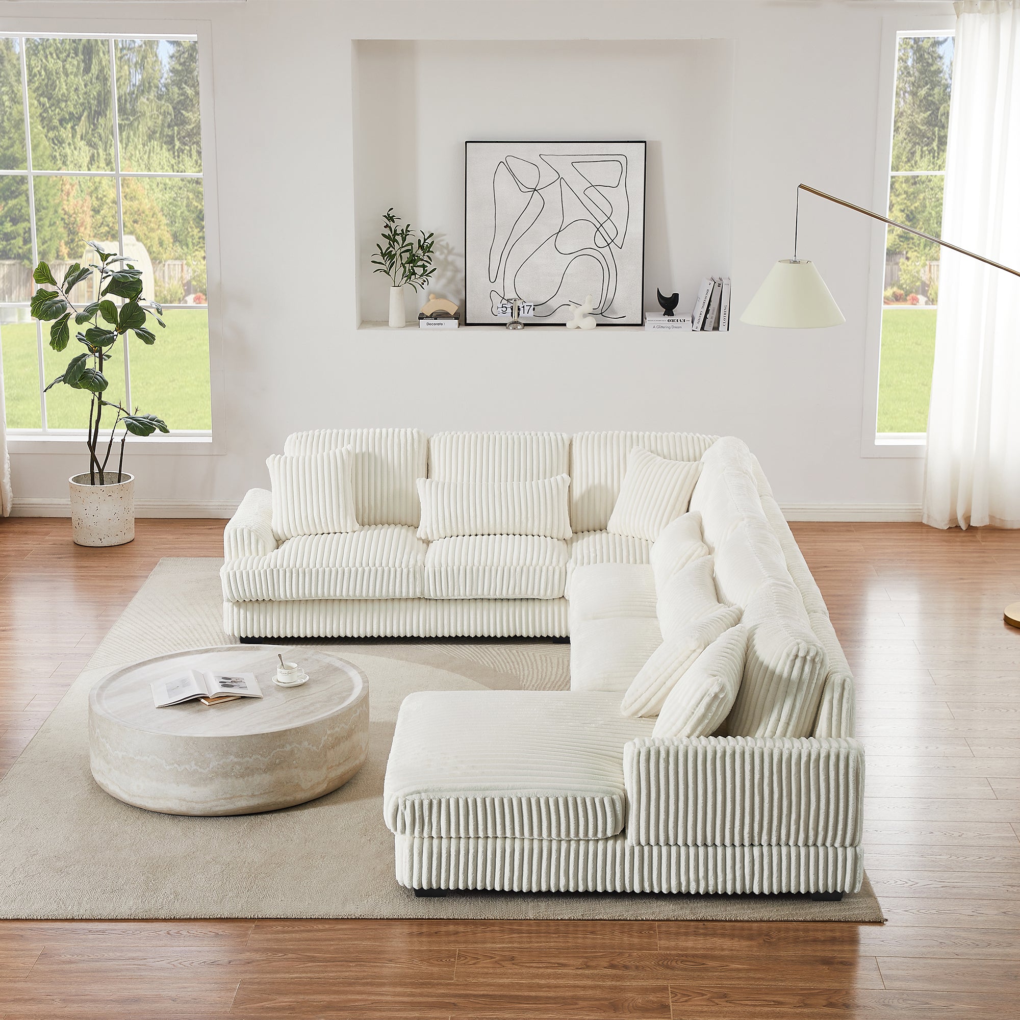 Modern Oversized U-shaped Sectional Sofa with Chaise Lounge in Beige Corduroy, 129' - Grand Goldman Shop
