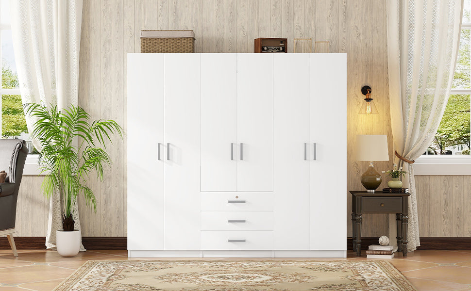 6-Doors Wooden Wardrobe Storage for Bedroom, with Big Drawers, White - Grand Goldman Shop