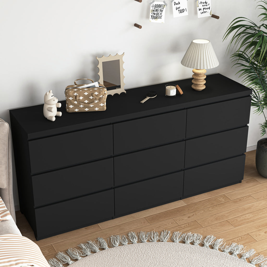 9 Drawer Dresser with No Handle Design, Modern Black Matte Wood Dresser for Bedroom, Storage Chest of Drawers for Living Room, Hallway, Entryway - Grand Goldman Shop