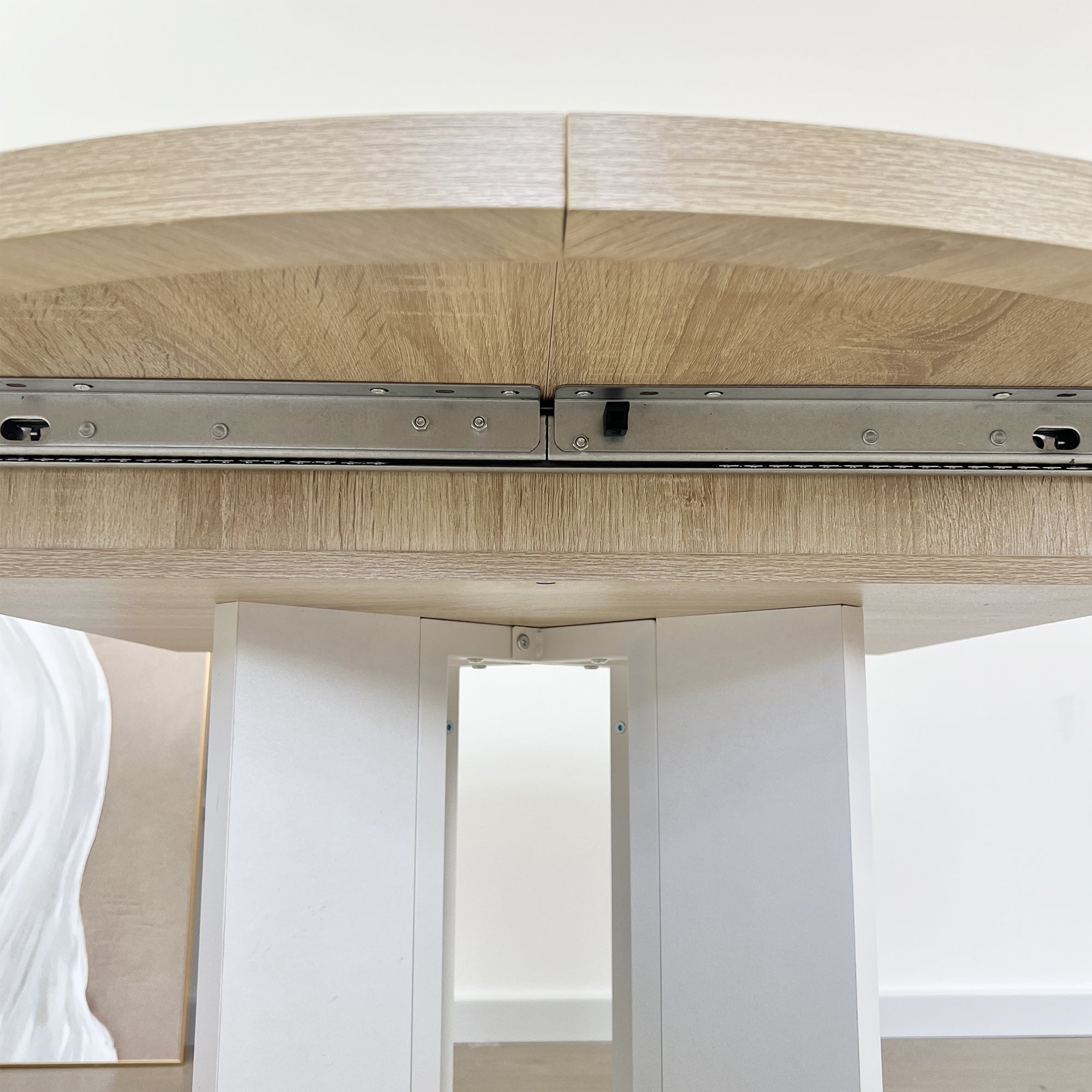 Dining Table for Farmhouse Kitchen 59x43 Inch Expandable Oval Table Top with Removable Leaf Trestle X Shaped Base White - Grand Goldman Shop