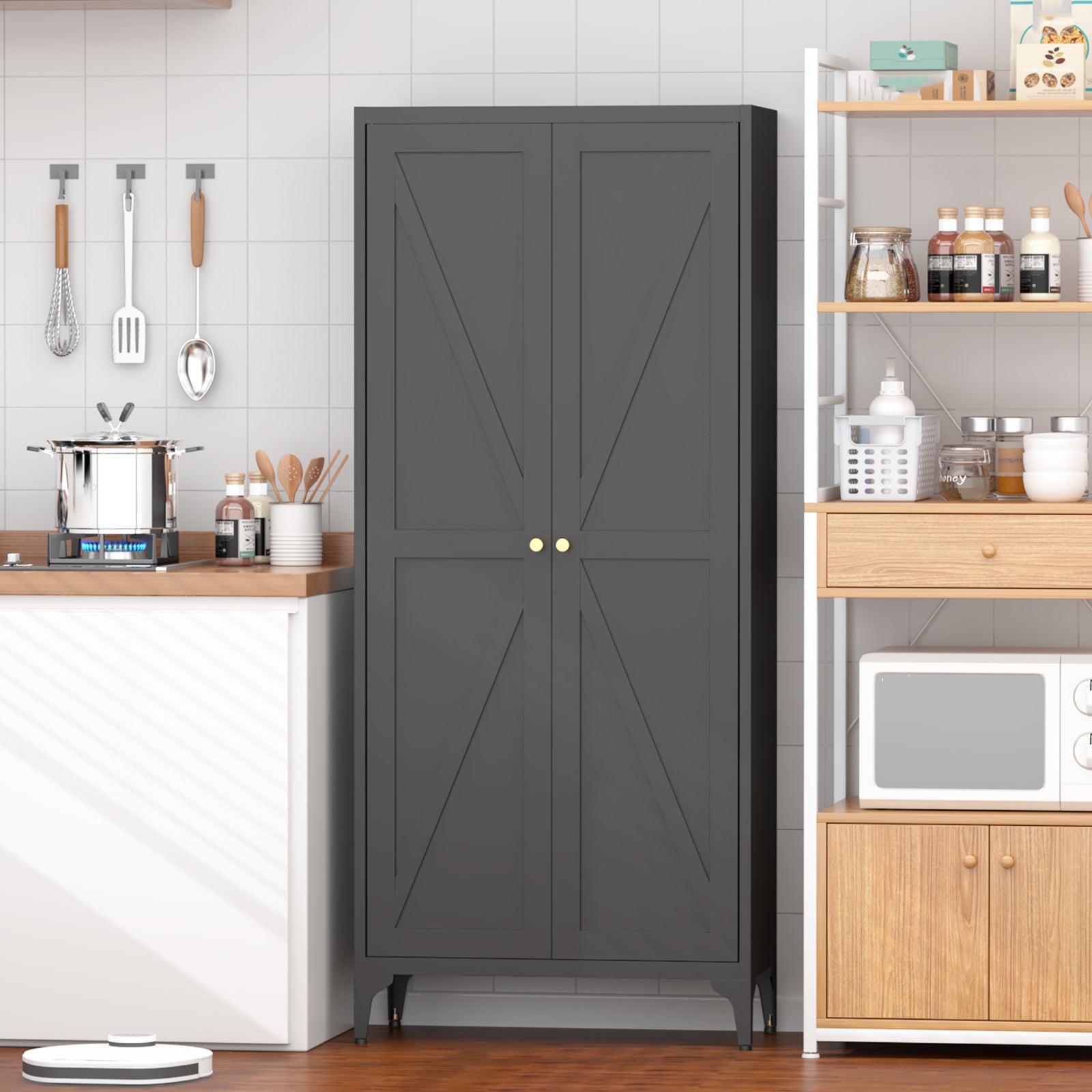 Black Metal Adjustable 2-Door Kitchen Pantry Cabinet with Striped Design and Gold Handles, Tall Steel Storage Locker for Kitc