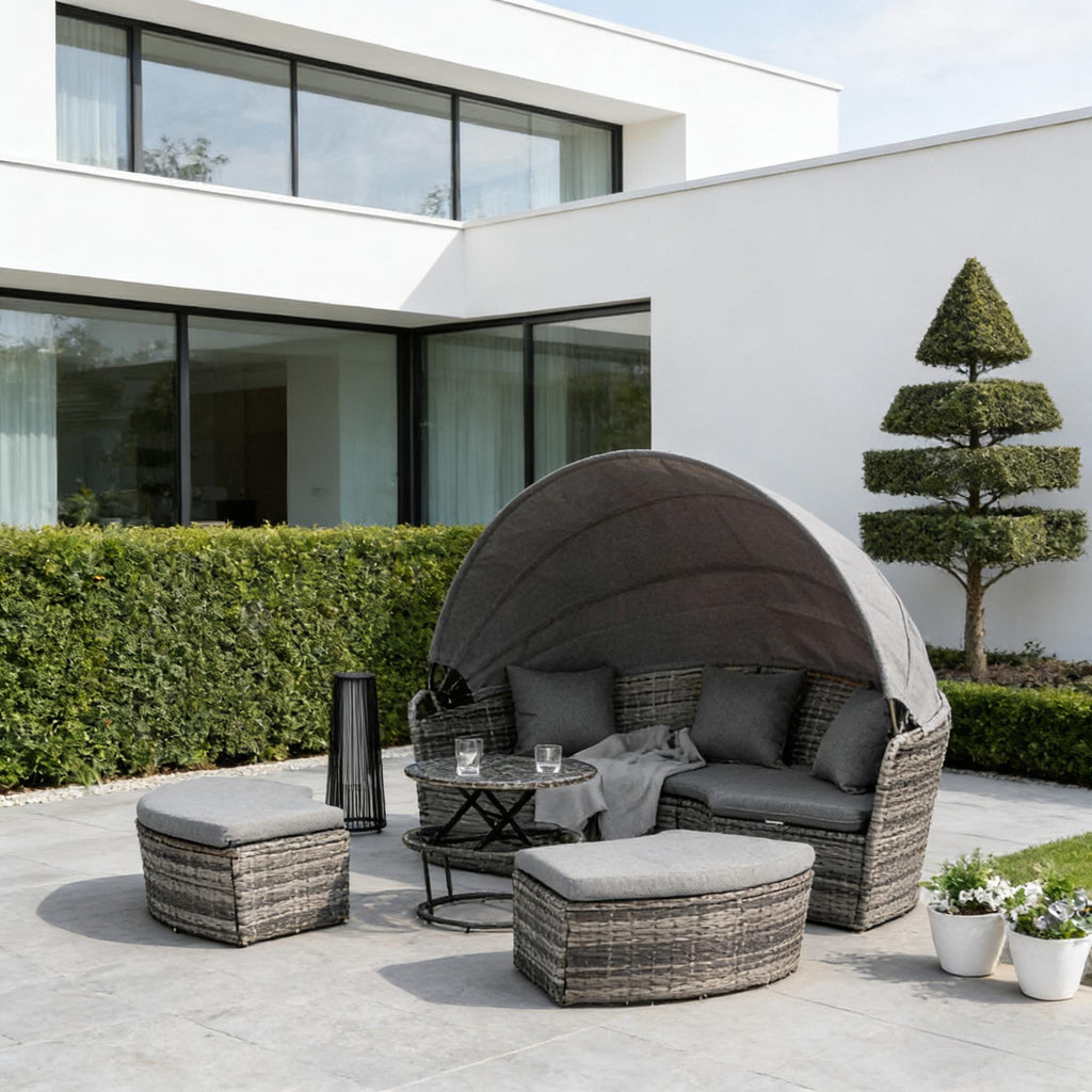 Stylish Convertible Patio Furniture Set,Outdoor Furniture Conversation Sets,4 Piece Round Rattan Daybed