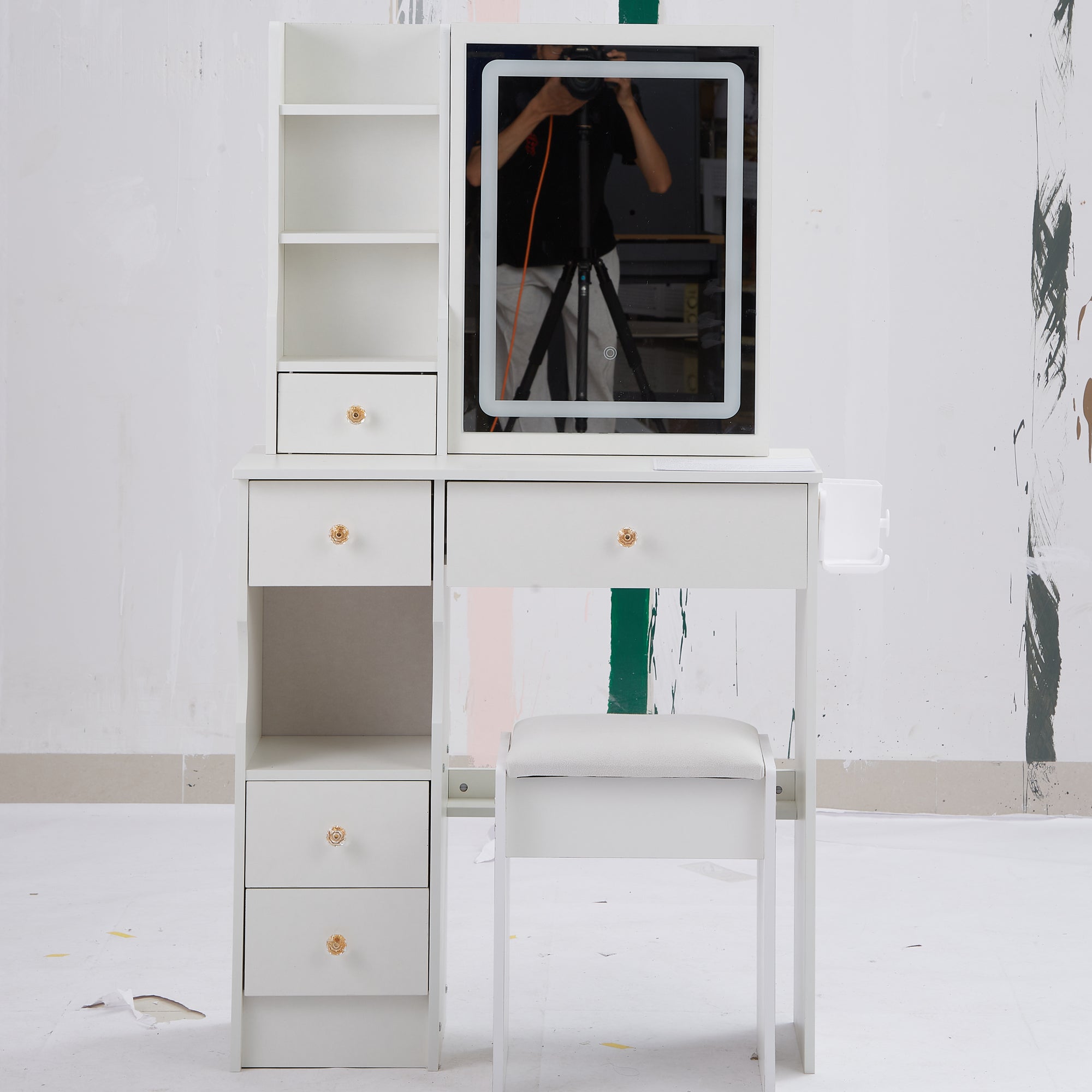 29.2' Small Size Drawer Desktop Vanity Table + Cushioned Stool, 2 AC+2 USB Power Station, Hair dryer bracket, Extra Large Touch Control Sliding LED Mirror, 3-color Switching, EPA, GCC, UL Certificate - Grand Goldman Shop