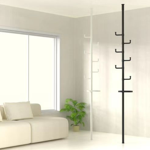 New style with trays Adjustable Laundry Pole Clothes Drying Rack Coat Hanger DIY Floor to Ceiling Tension Rod Storage Organizer for Indoor, Balcony - Black - Grand Goldman Shop