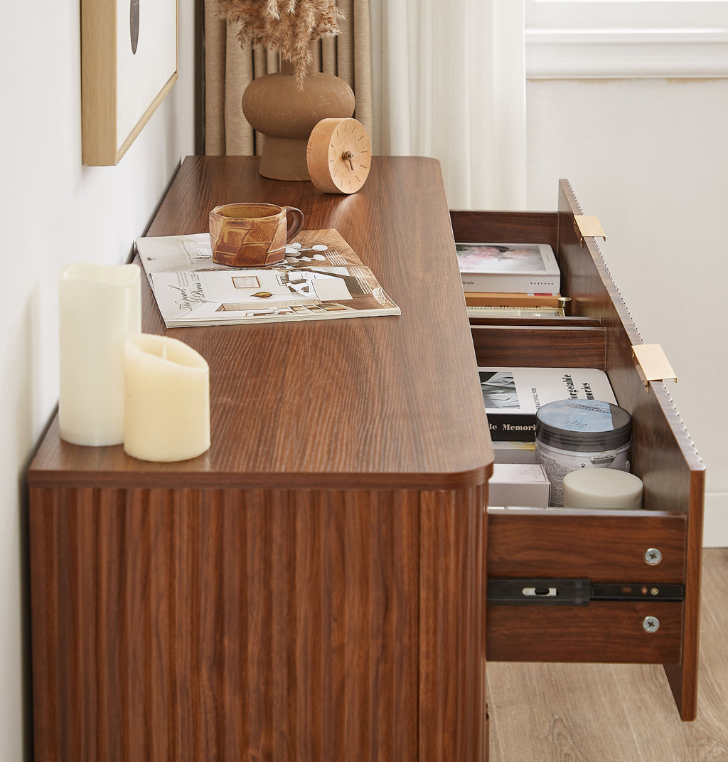 6 Drawers Dresser,55' Wide Modern Chest of Drawers Curved wave Design, Dresser TV Stand, Wood Drawer Organizer for Bedroom, Living Room, Hallway, Walnut,55.12''W x 15.75''D x 31.5''H. - Grand Goldman Shop