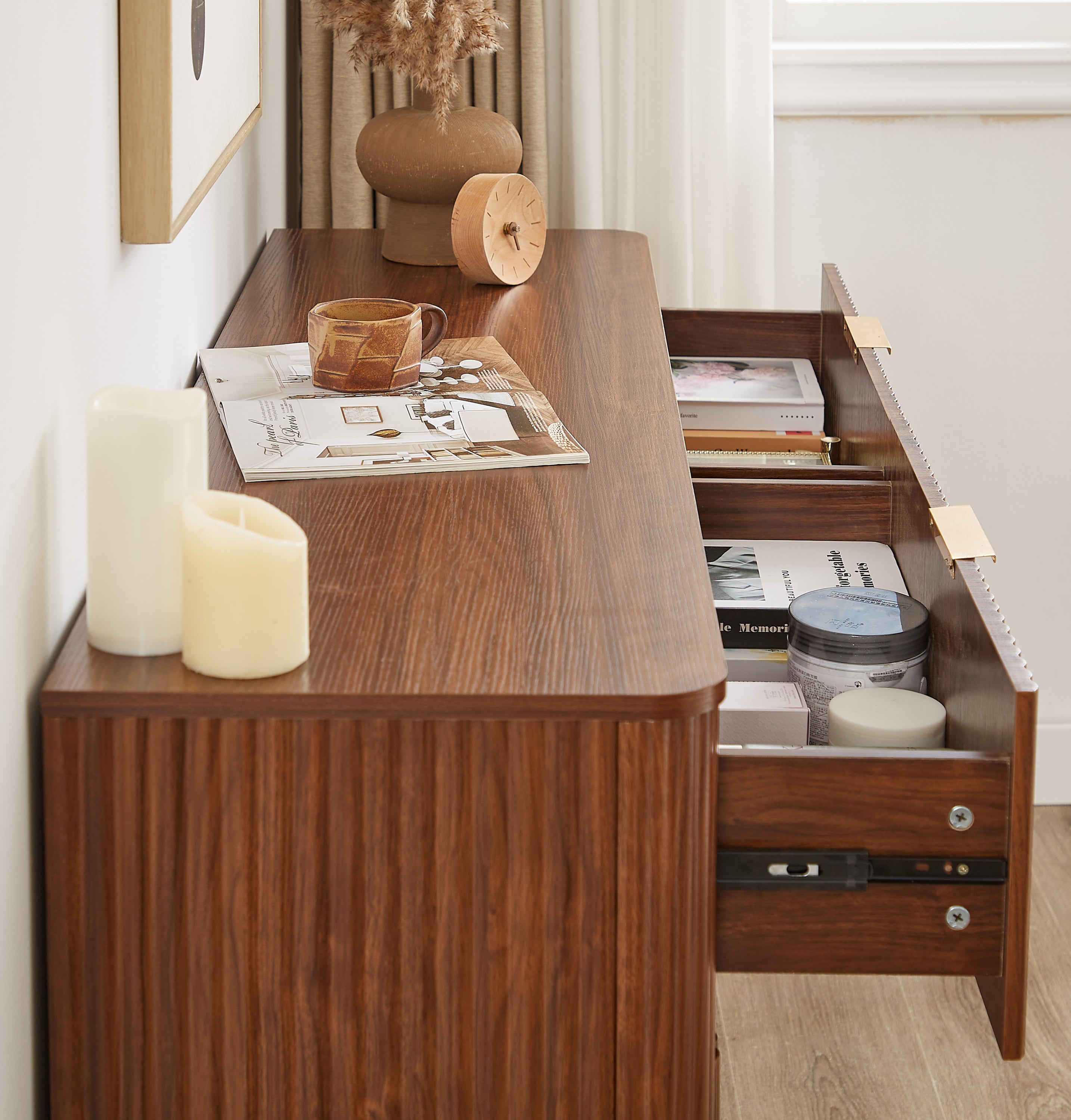 6 Drawers Dresser,55' Wide Modern Chest of Drawers Curved wave Design, Dresser TV Stand, Wood Drawer Organizer for Bedroom, Living Room, Hallway, Walnut,55.12''W x 15.75''D x 31.5''H. - Grand Goldman Shop