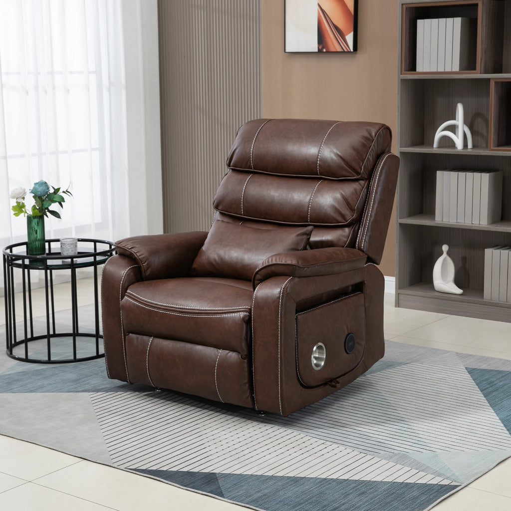 Premium Brown Technical Leather 180-Degree Lay Flat Recliner Chair with Wireless Charging, Lumbar Support, and Dual Motor Lift for Big & Tall Comfort - Grand Goldman Shop