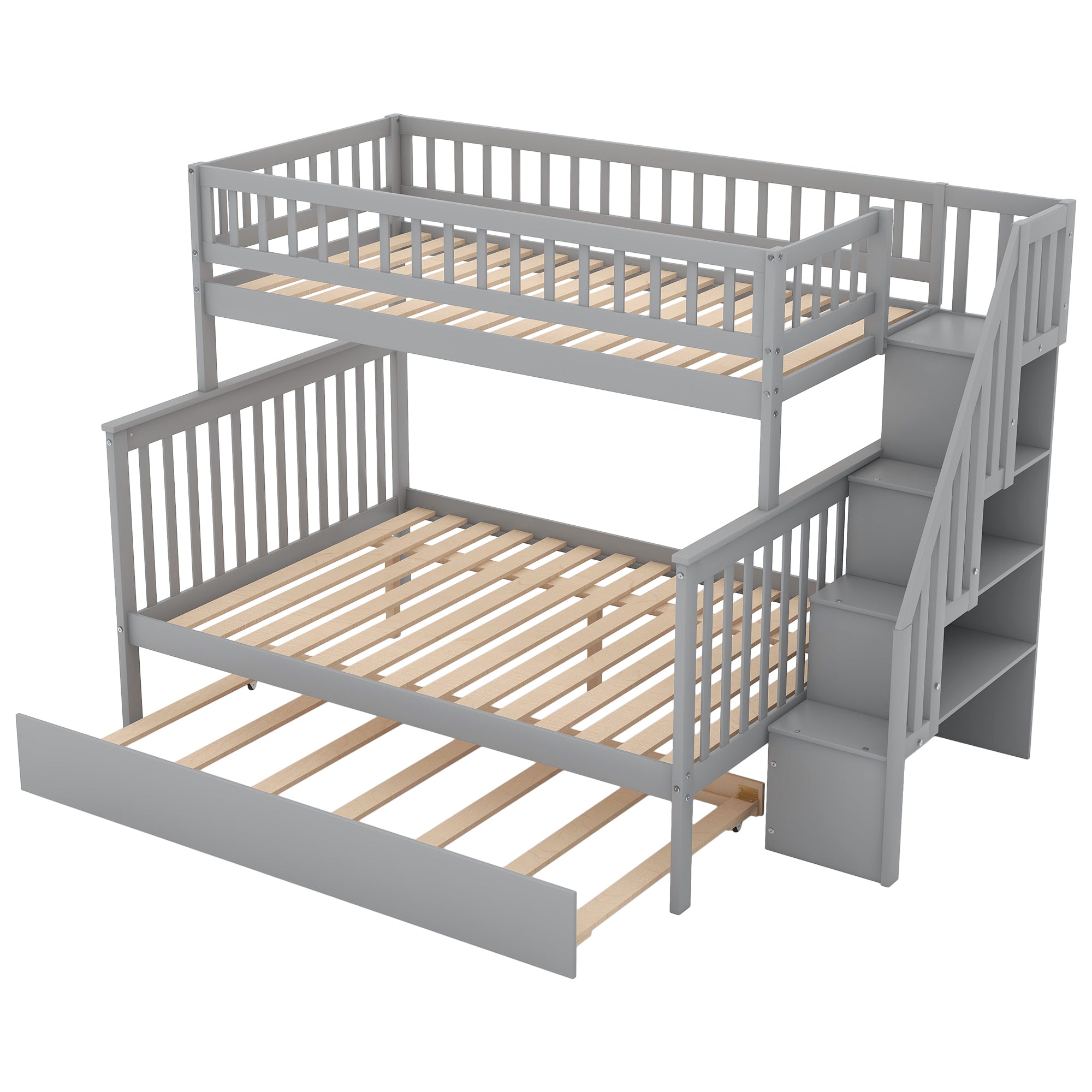 Spacey Twin over Full Bunk Bed with Trundle and Staircase, Grey - Grand Goldman Shop