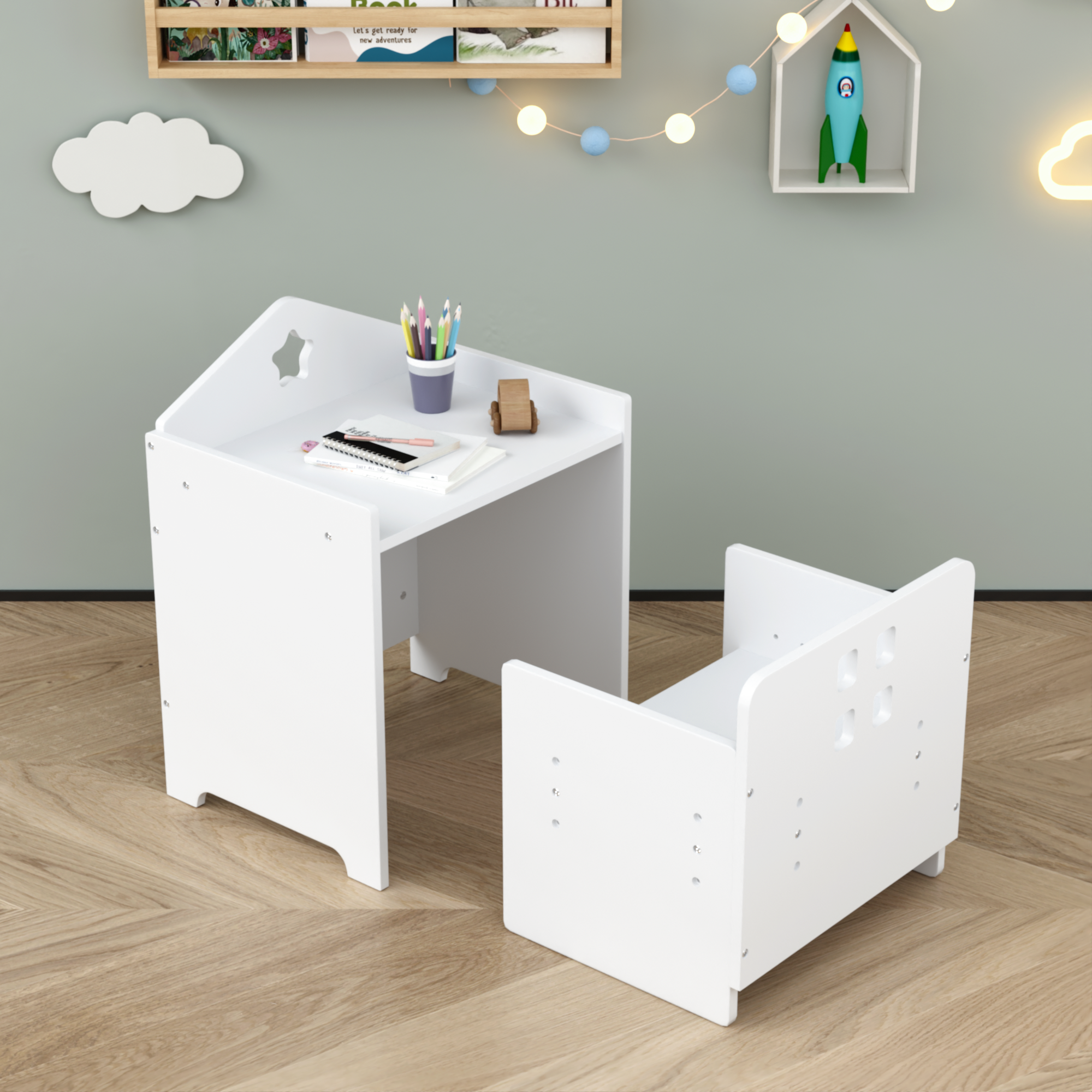 Kids Montessori Weaning Table and Chair Set, Wooden Toddler Table and Chair Set Kids Activity Table Step Stools with Blackboa