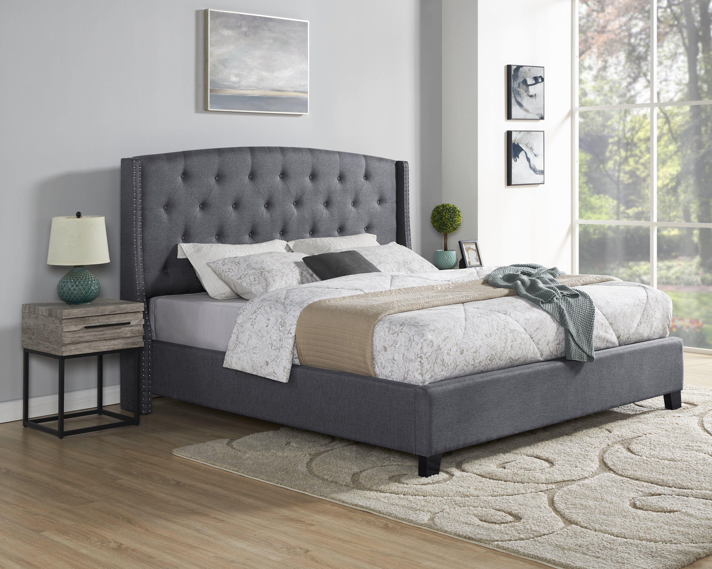 Belize 3-Piece Upholstered Bedroom Set, Tufted Wingback Bed with Two Gray Nightstands - Grand Goldman Shop