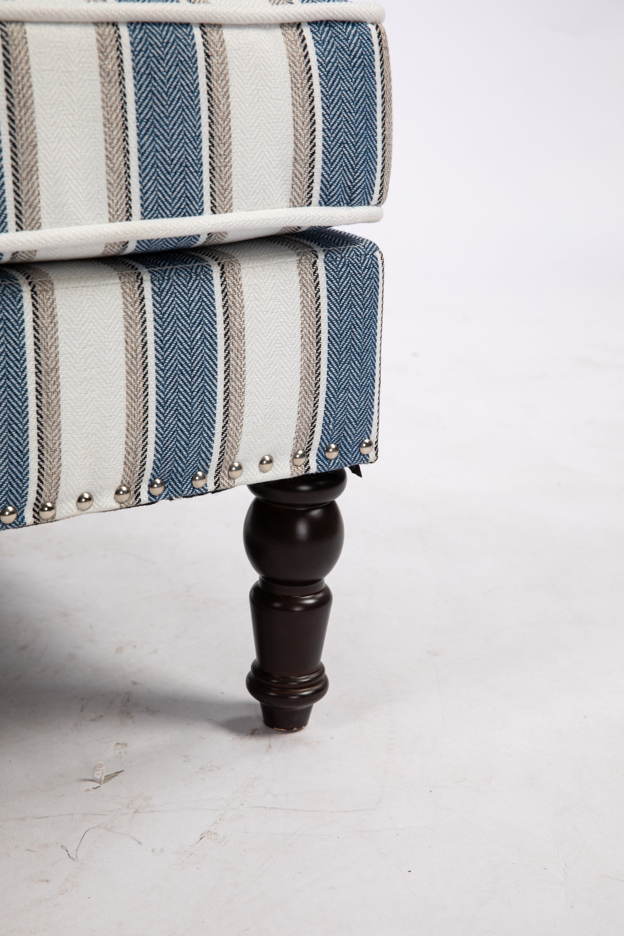 Upholstered Accent Chair, Vintage Armchair with Blue and White Striped Linen Fabric and Nailhead Trim for Living Room - Grand Goldman Shop