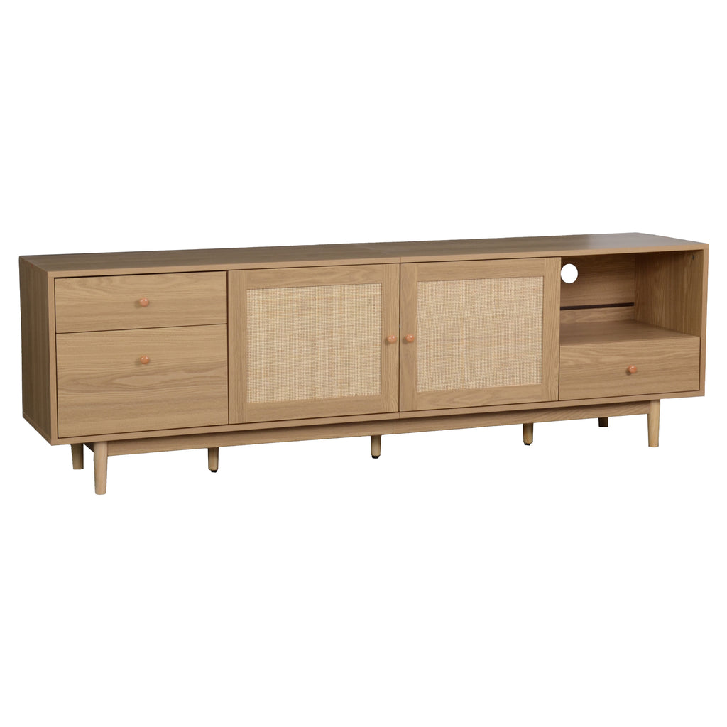 Boho TV Stand for 65 75 85 Inch TV with Real Rattan Doors, Modern Wood Media Console in Natural Finish, 76.6'' L x 15.7'' W x 23.6'' H - Grand Goldman Shop