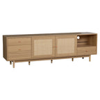Boho TV Stand for 65 75 85 Inch TV with Real Rattan Doors, Modern Wood Media Console in Natural Finish, 76.6'' L x 15.7'' W x 23.6'' H - Grand Goldman Shop