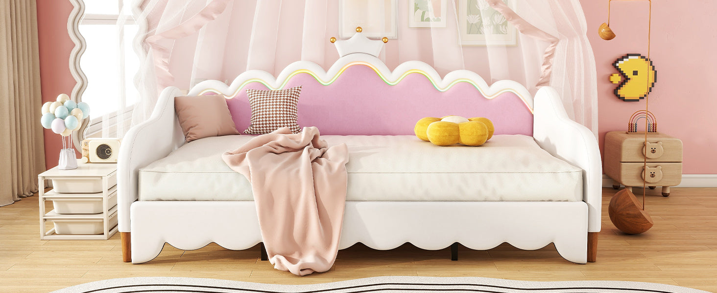 Twin Extending Daybed with LED Lights, Modern Upholstered Princess Daybed With Crown Headboard,White - Grand Goldman Shop