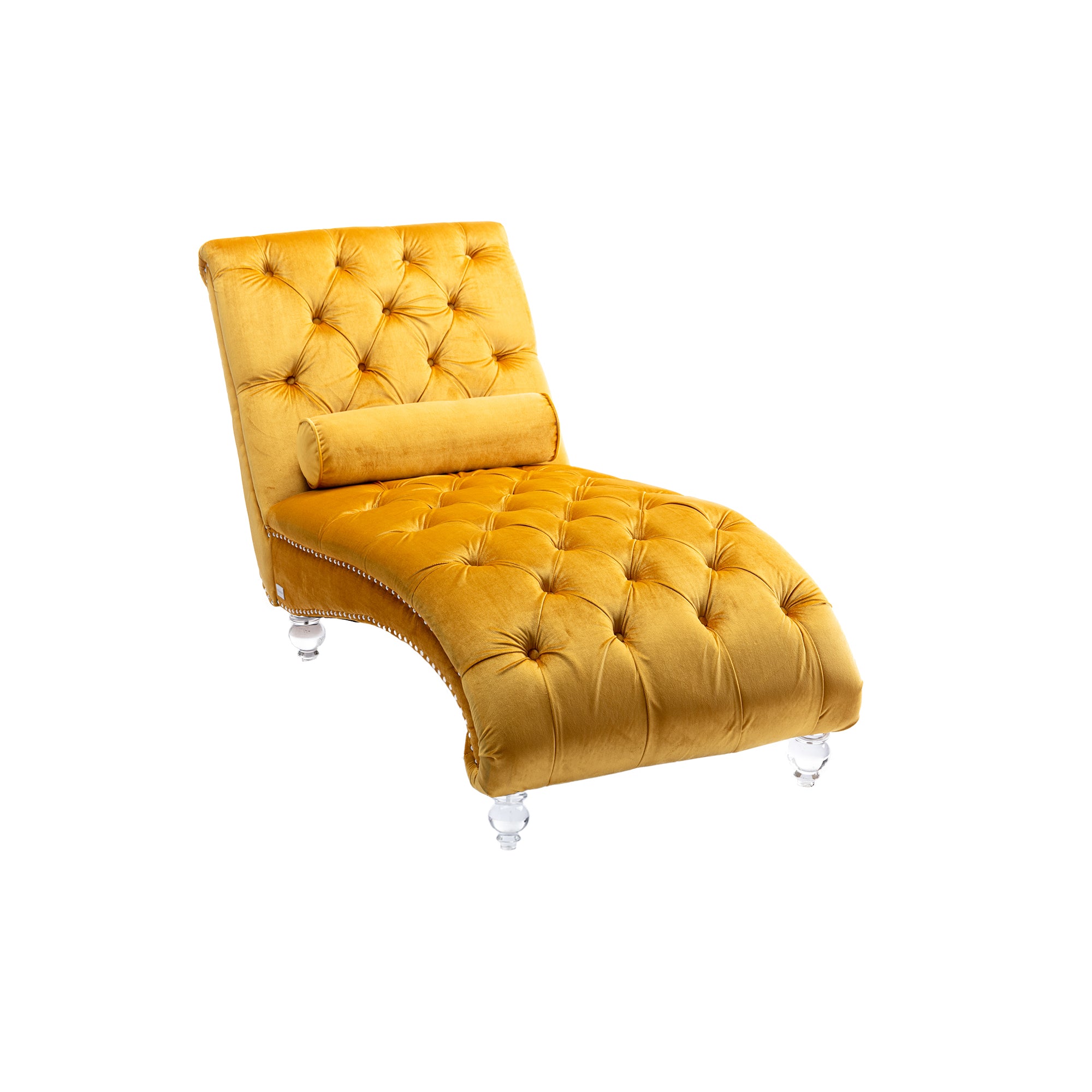 Velvet Button-Tufted Upholstered Chaise Lounge Chair with Pillow for Bedroom Living Room Office, Mustard - Grand Goldman Shop