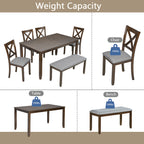 6PCs Kitchen Dining Set, Rectangular Wooden Dining Table with 4 Upholstered Chairs and a Bench, Dining Table Set for 6 People, Living Room, Home Bar and Kitchen, Walnut - Grand Goldman Shop