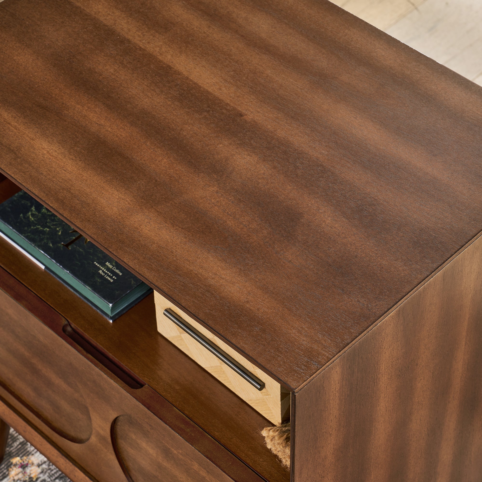 Mid Century Modern Fluted Nightstand with Charging Station USB Ports & Outlet Hole & 4 Solid Wood Legs, Farmhouse End Table with Open Space and Drawer Dresser, Walnut - Grand Goldman Shop
