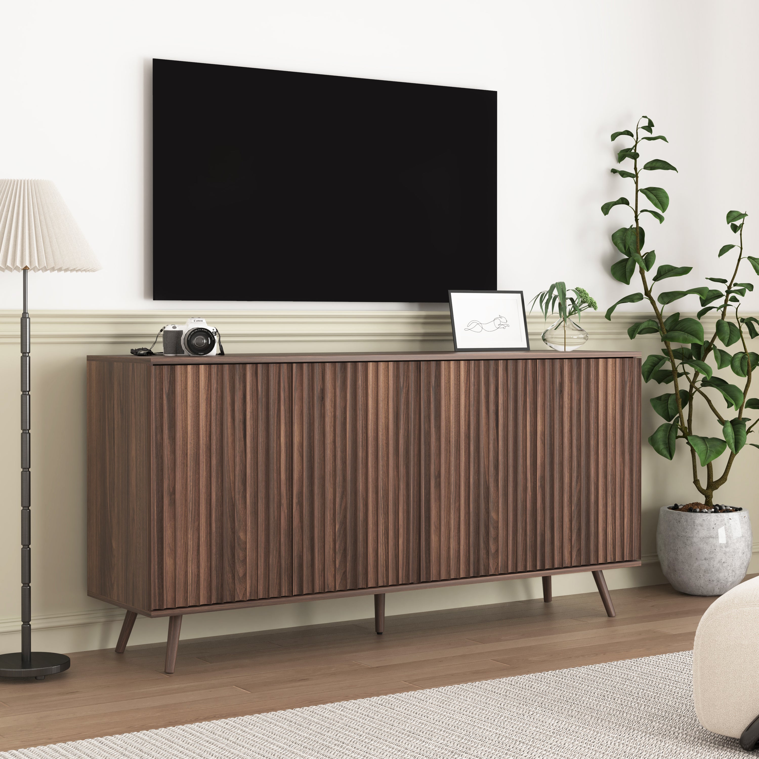 Sideboard Buffet Cabinet with Storage, Long Sideboard Storage Cabinet with 4 Doors, Wood Credenza Console Coffee Bar Cabinets with Adjustable Shelves for Living Room Kitchen Dining Room Walnut - Grand Goldman Shop