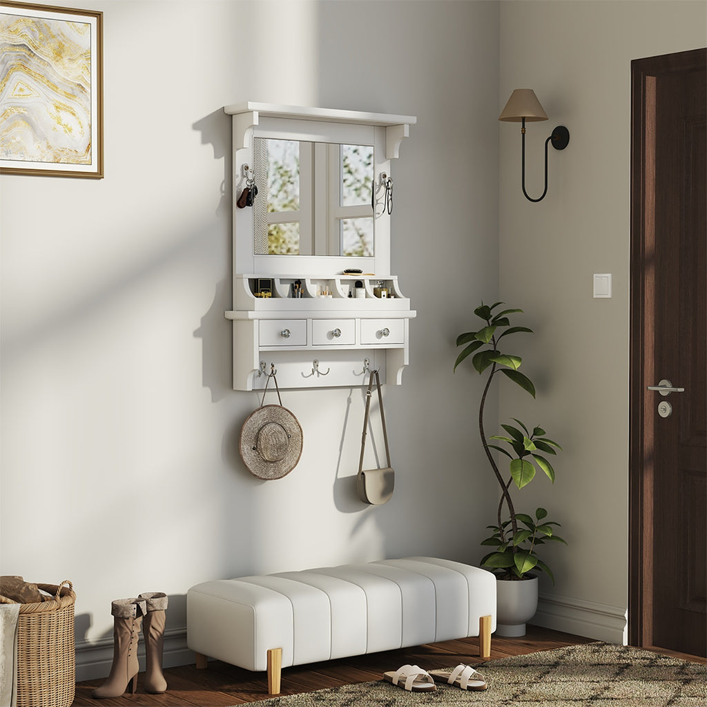 Floating Makeup Vanity with Big Mirror, Wall-Mounted Storage Vanity with Drawers, Pockets & Hooks, Space-Saving Decorative Home Organizer, White, Engineered Wood, 23.8 x 6.1 x 31.8 inches - Grand Goldman Shop