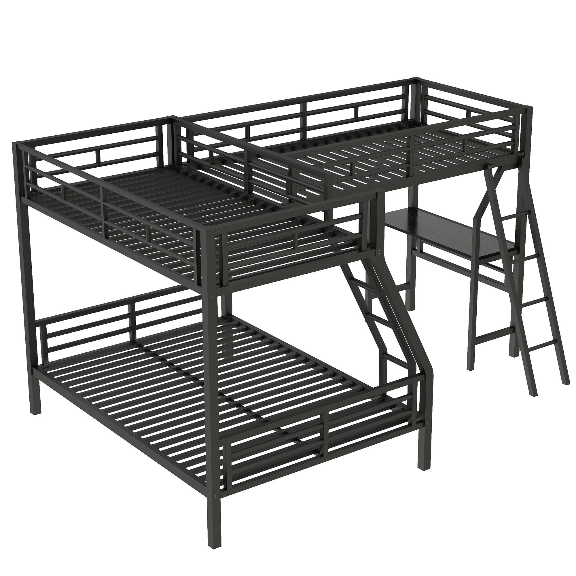 Twin over Full Bunk Bed with Loft and Desk, Metal Black, L-Shaped Design for 3 Sleepers - Grand Goldman Shop